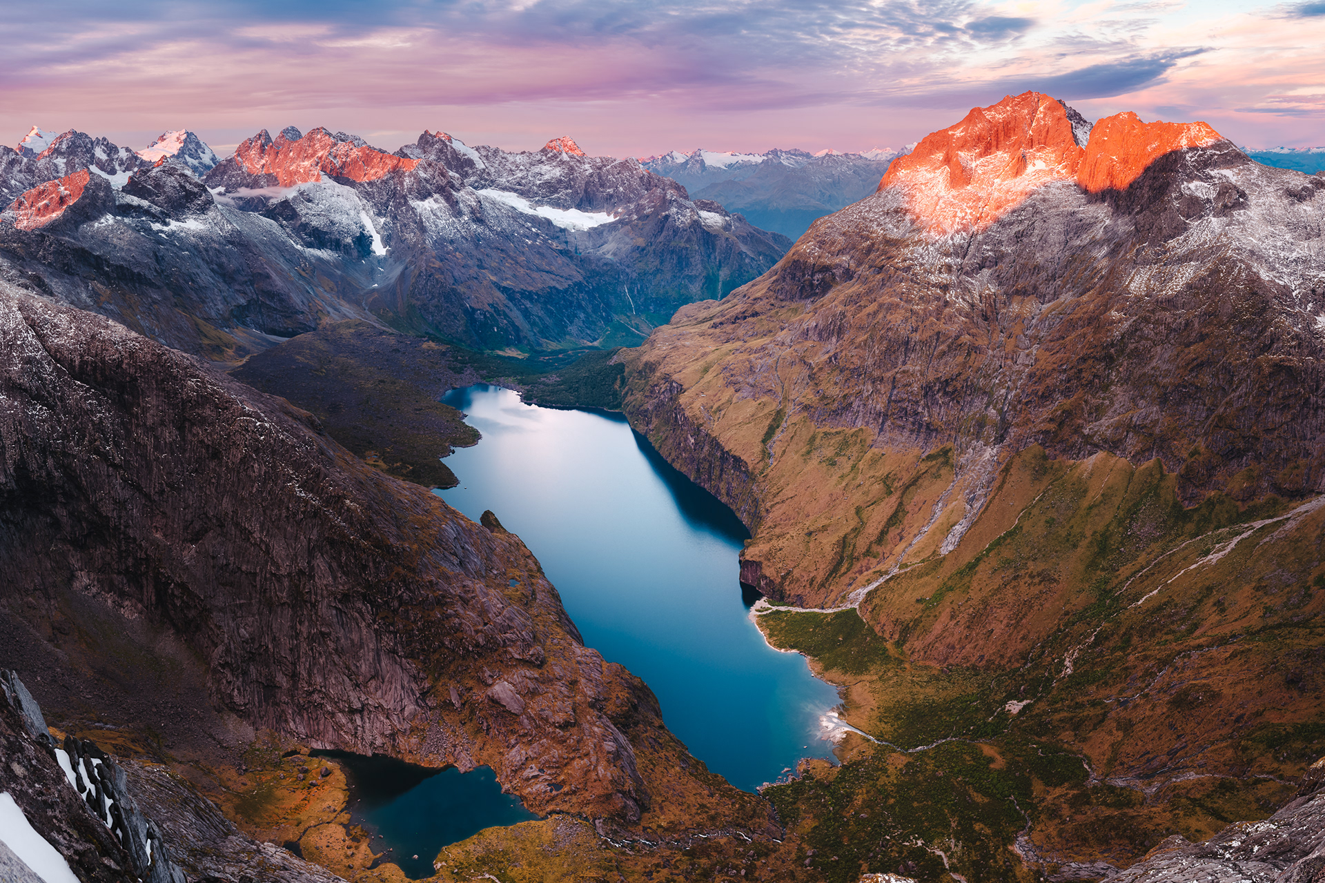 Mount Madeline and Mount Tūtoko behind Lake Adelaide from Barrier Knob, Fiordland National Park
