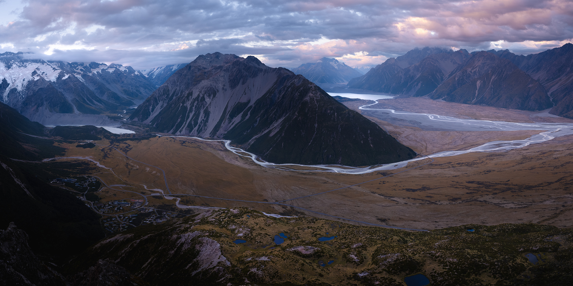 Panorama from Sebastopol including Mueller Lake, Mount Wakefield, and Tasman Lake
