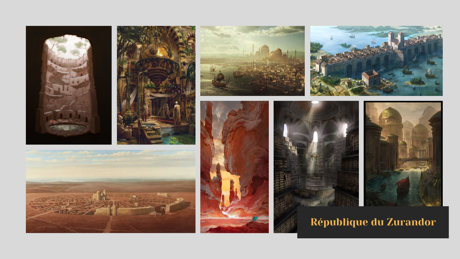 In Zurandor, scholarship reigns above all. The country's geography is diverse, ranging from temperate forests to red earth savannas and the arid salt desert. The architecture cleverly adapts to the conditions of each environment.