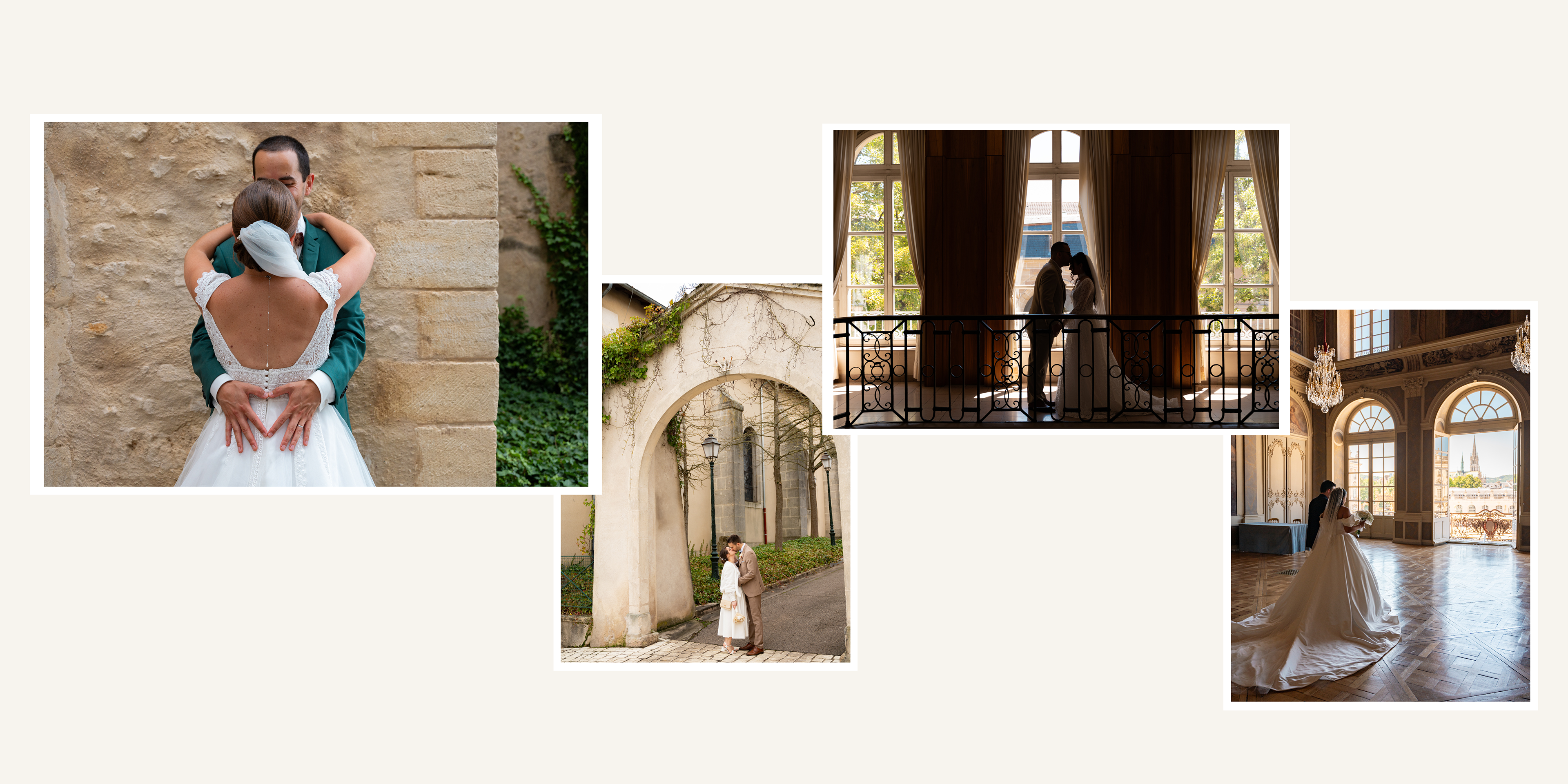 Instants de couple lors de mariages, entre gestes tendres et portraits dans des lieux élégants.