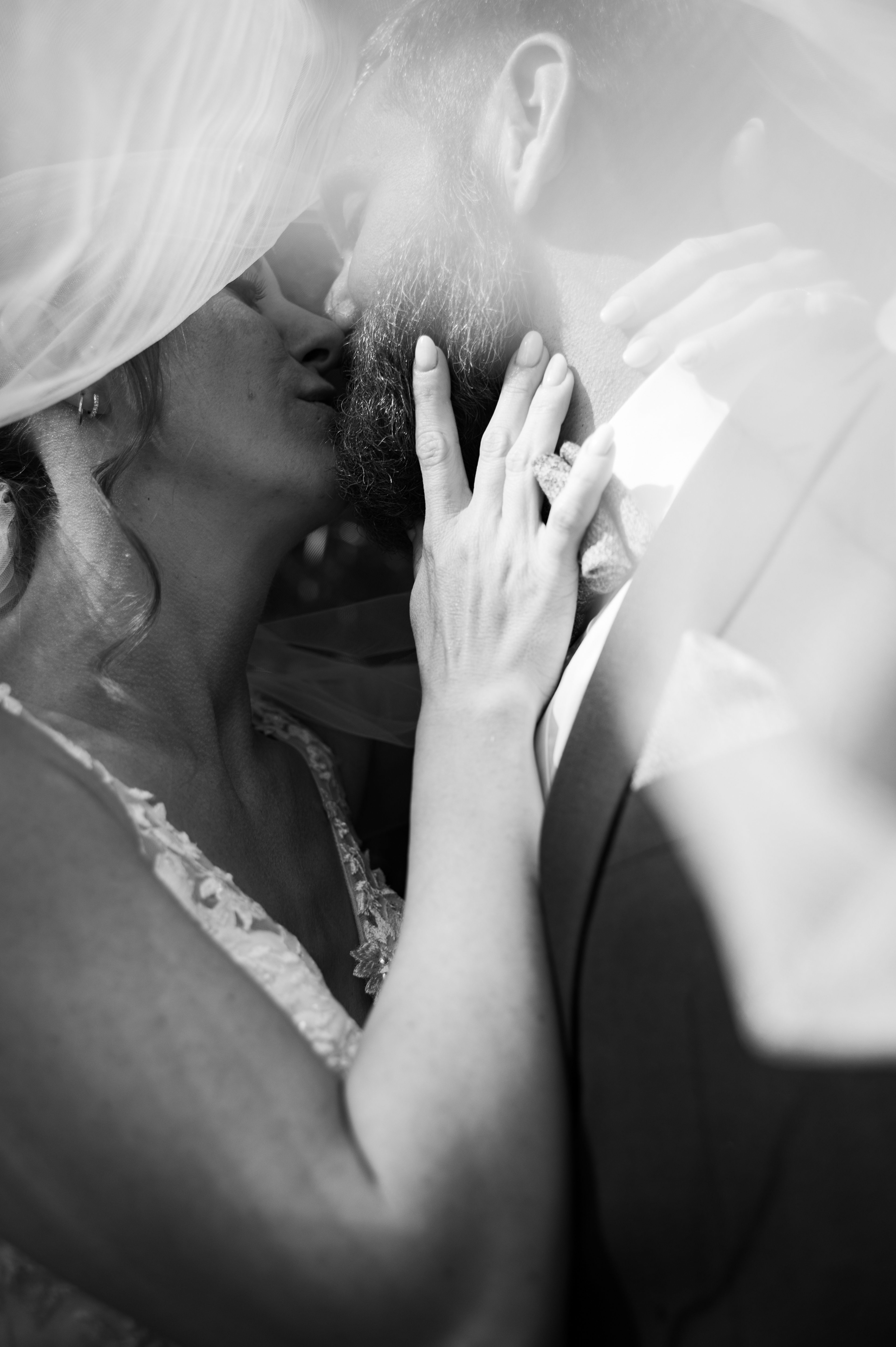 Doux baiser caché sous le voile de la mariée