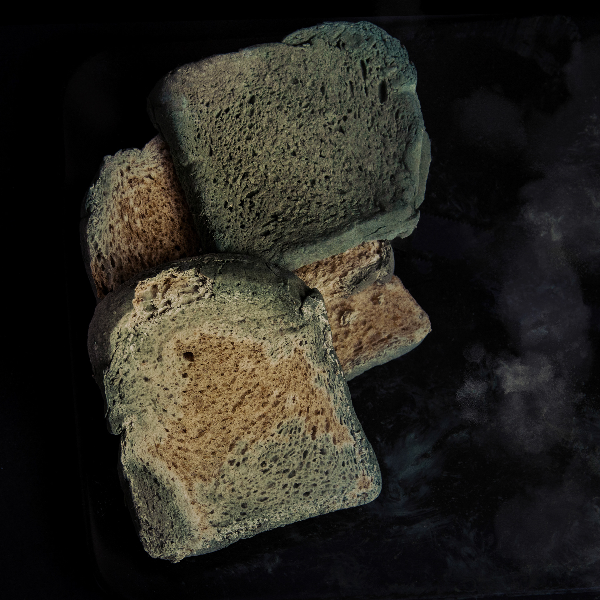stacked mouldy bread fragments still life composition
