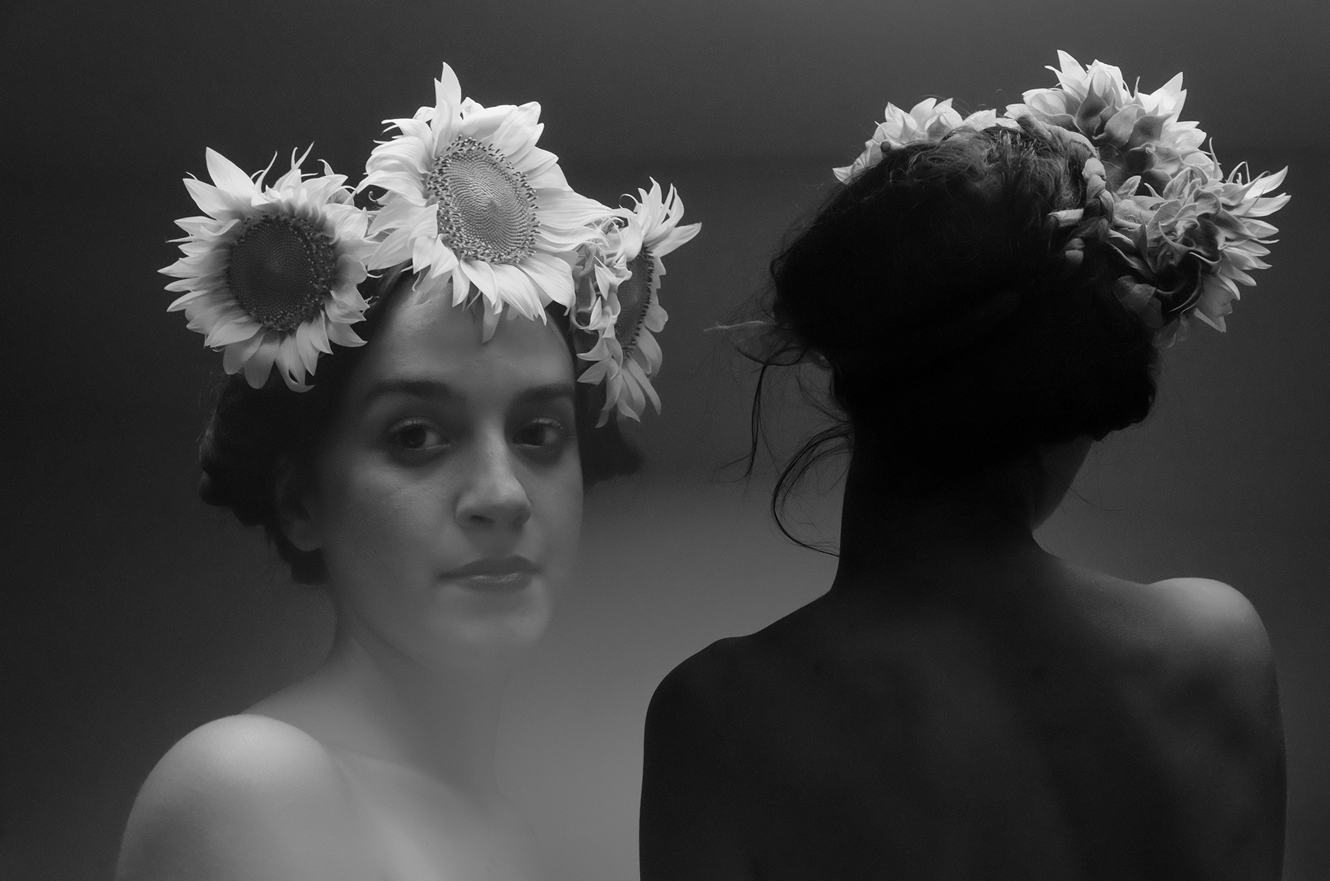 double exposure portrait with floral crown referencing Frida Kahlo