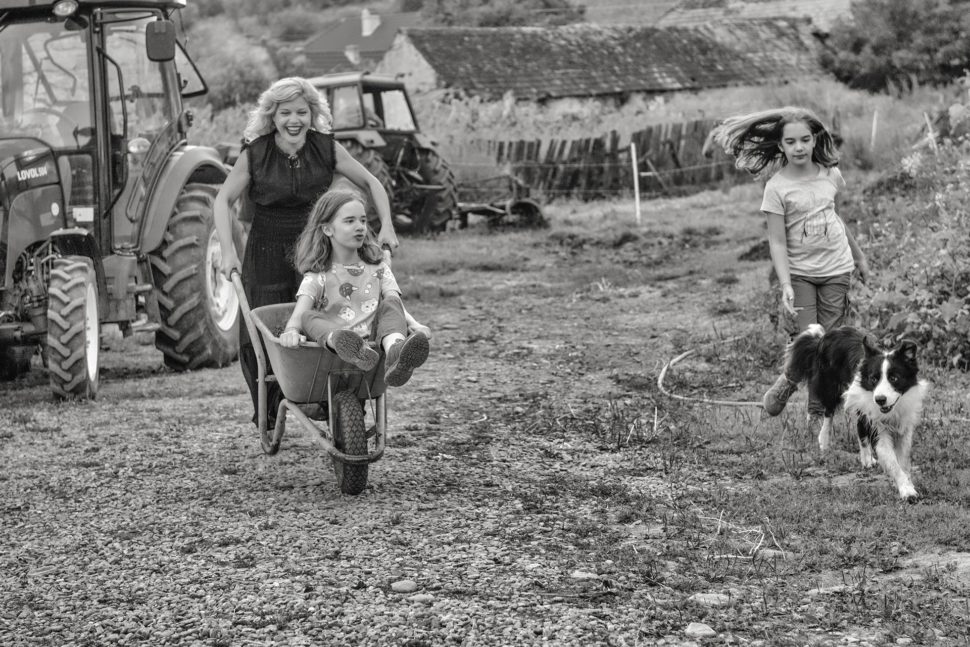 family scene in rural village courtyard