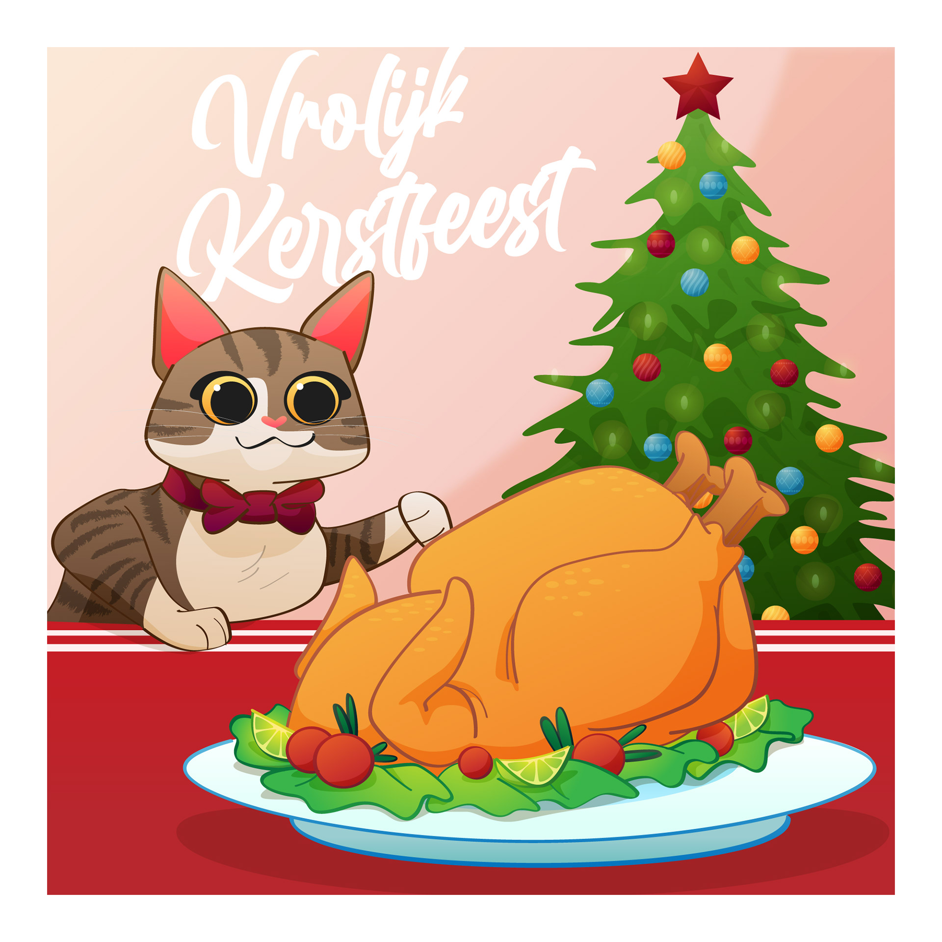 Een kerstkaart met een poes die wilt snoepen van een kalkoen