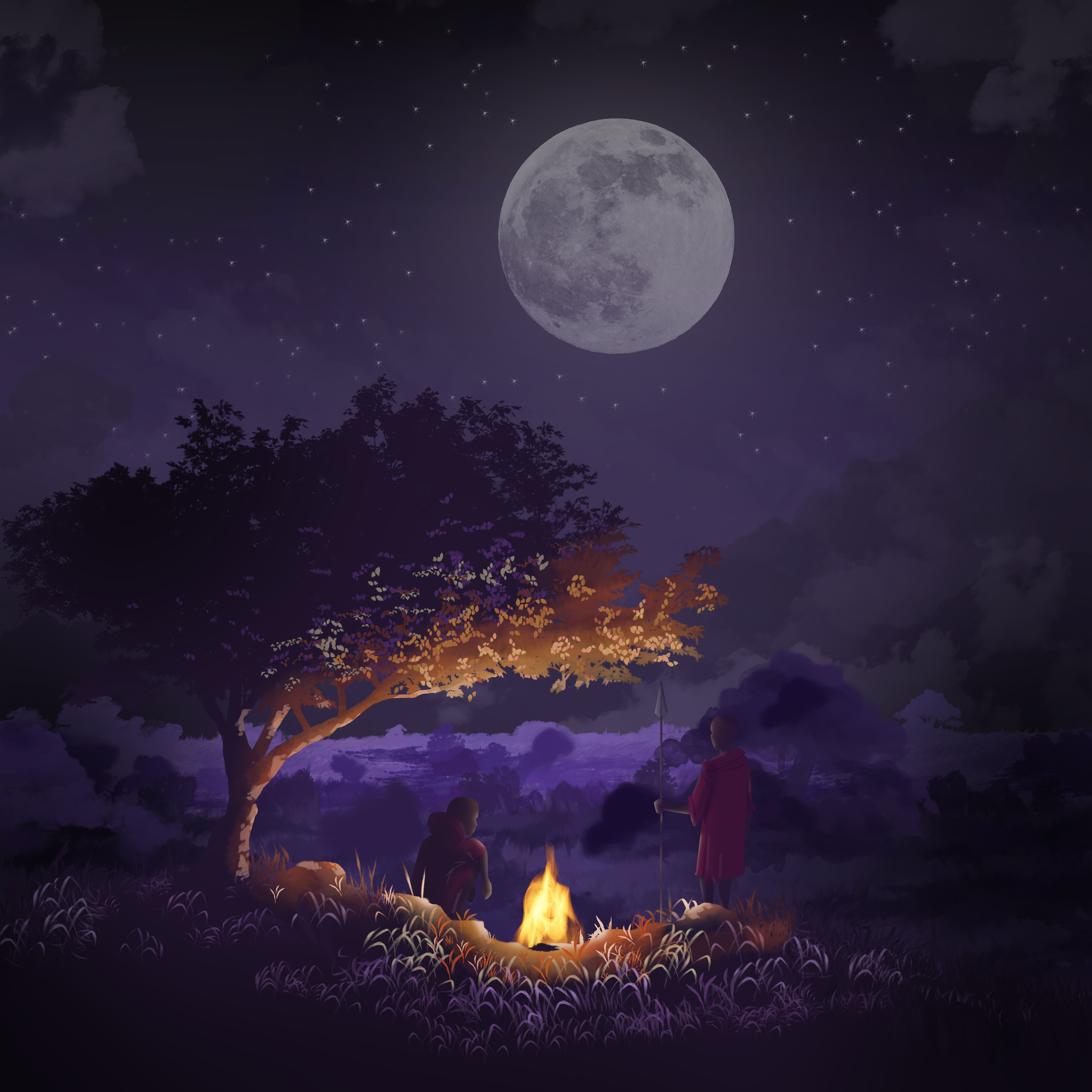 Harmstar landschap krijgers maan vuur