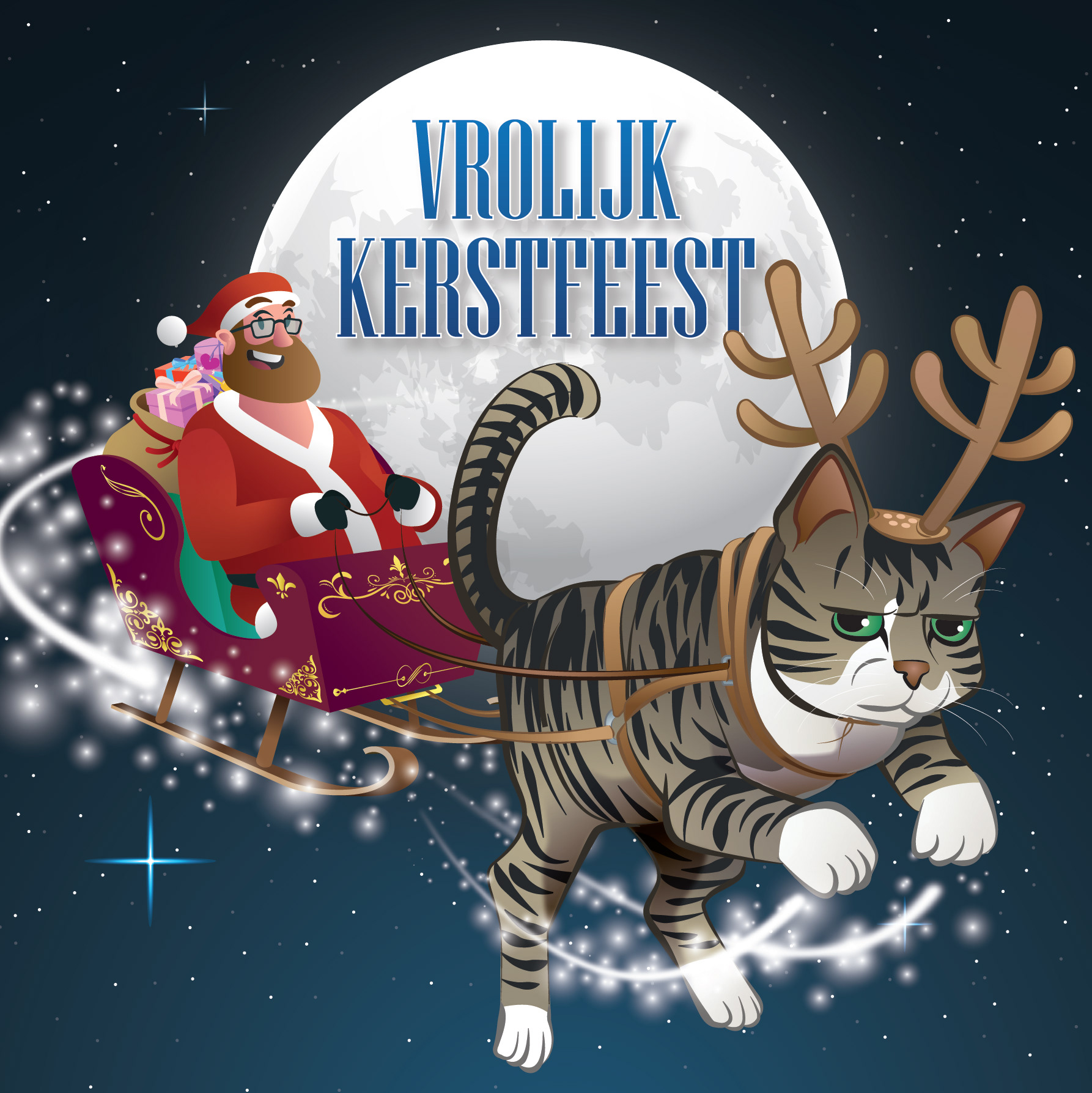 Een Harmstar kerstkaart waarin mijn poes Saartje een kerstslee trekt