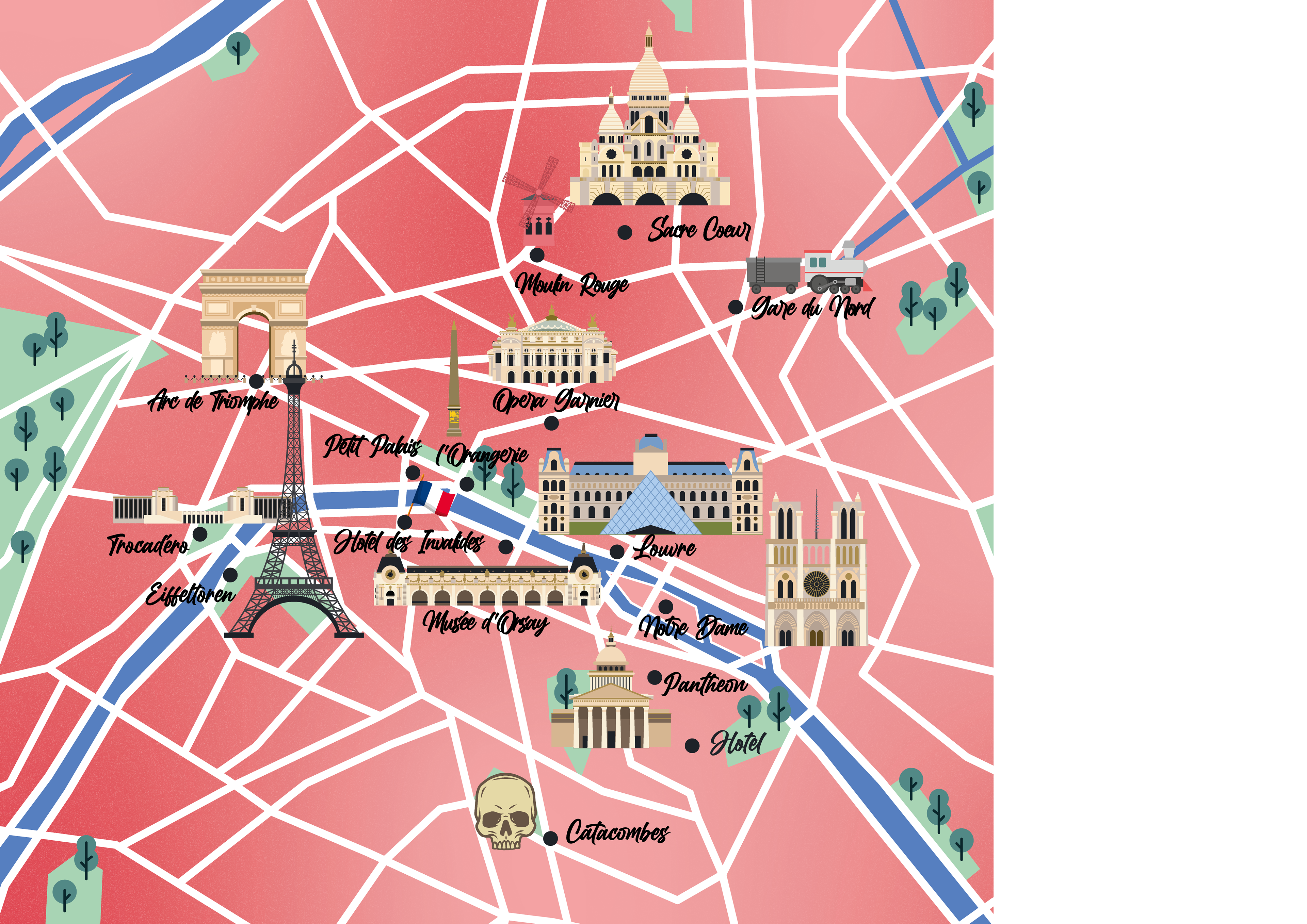 Een kaart van alle dingen die ik heb bezocht tijdens een vakantie in Parijs