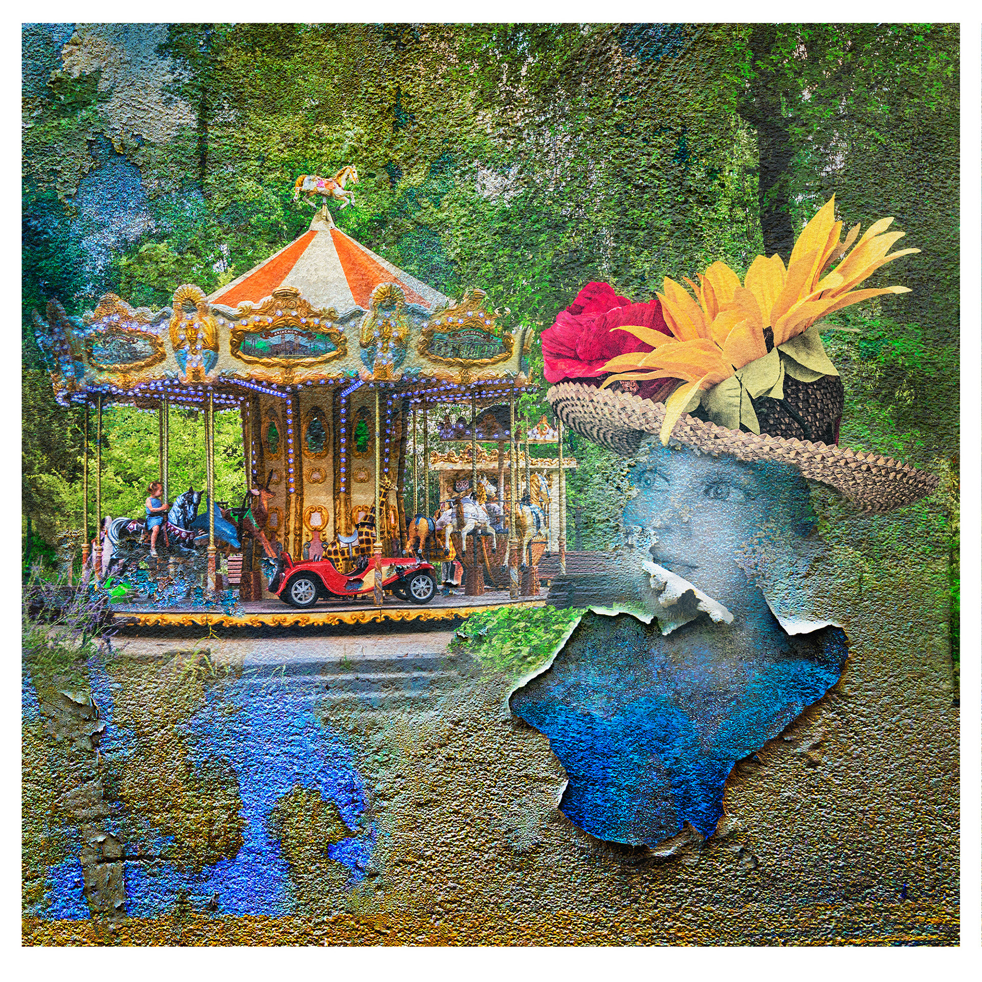 From Dreams and Memories collection, a surreal image in which a merry go round with a small girl in a blue dress riding a horse sits,. To the front, in a peeling away paper section, is a female face with a straw hat on. The hat features yellow and red flowers.The female figure looks wistfully to the fairground attraction as if remembering the past.