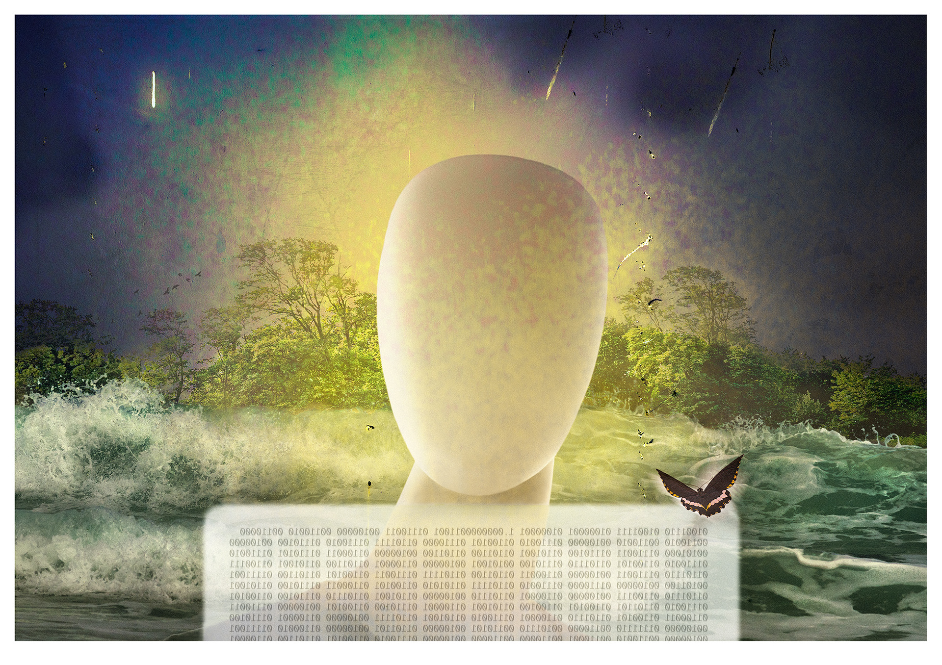 A landscape image in blues, yellows, and greens. The background bottom third featured sea waves surging forward. On the  horizon just above is a rowh of trees large and small. Boldly filling centre image is a white head and neck figure with no features to represent human and robot and AI . It is facing forward an appears to be looking at a futuristic opaque compter screen with Binary code in gray. The binary code actually translates to projection 2100 of sea rising height. 