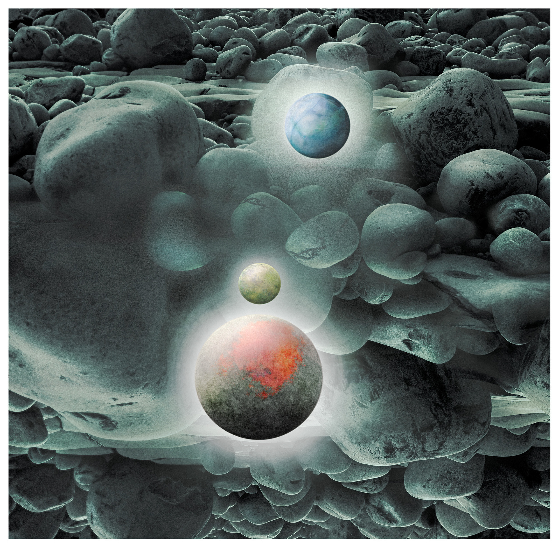 Universe A The background Photograph of this composite image was a taken at a coastal site in Wales, UK, showing many Jurassic rocks. Over the boulders are three spherical images representing planets. The background is a neutral bluish while the 'planets' are in shades of red blue and green. By seeing the Universe as akin to atoms on Earth invites the idea that we are part of something infinite.