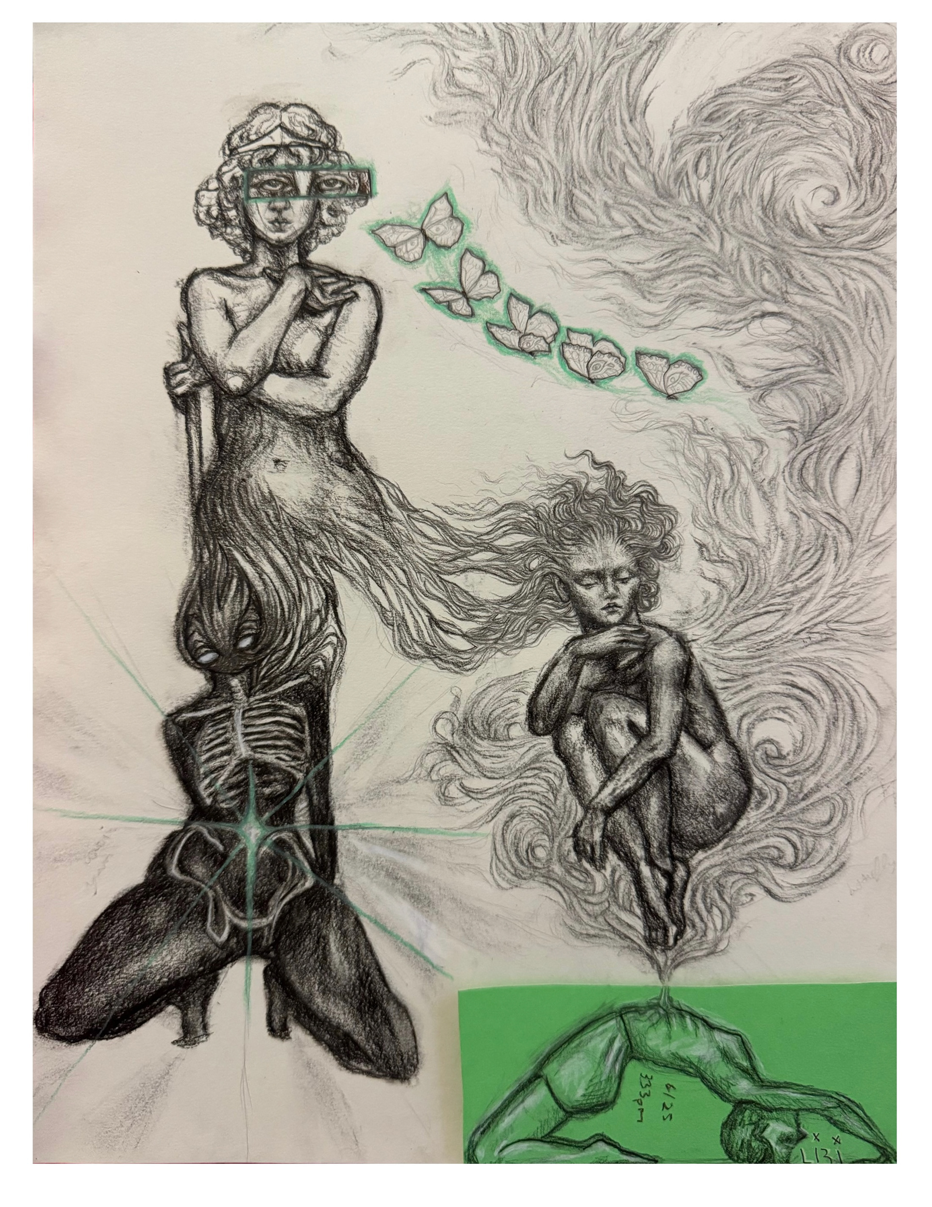 Creative sketch using charcoal, graphite, microns and pastels. on paper and index card