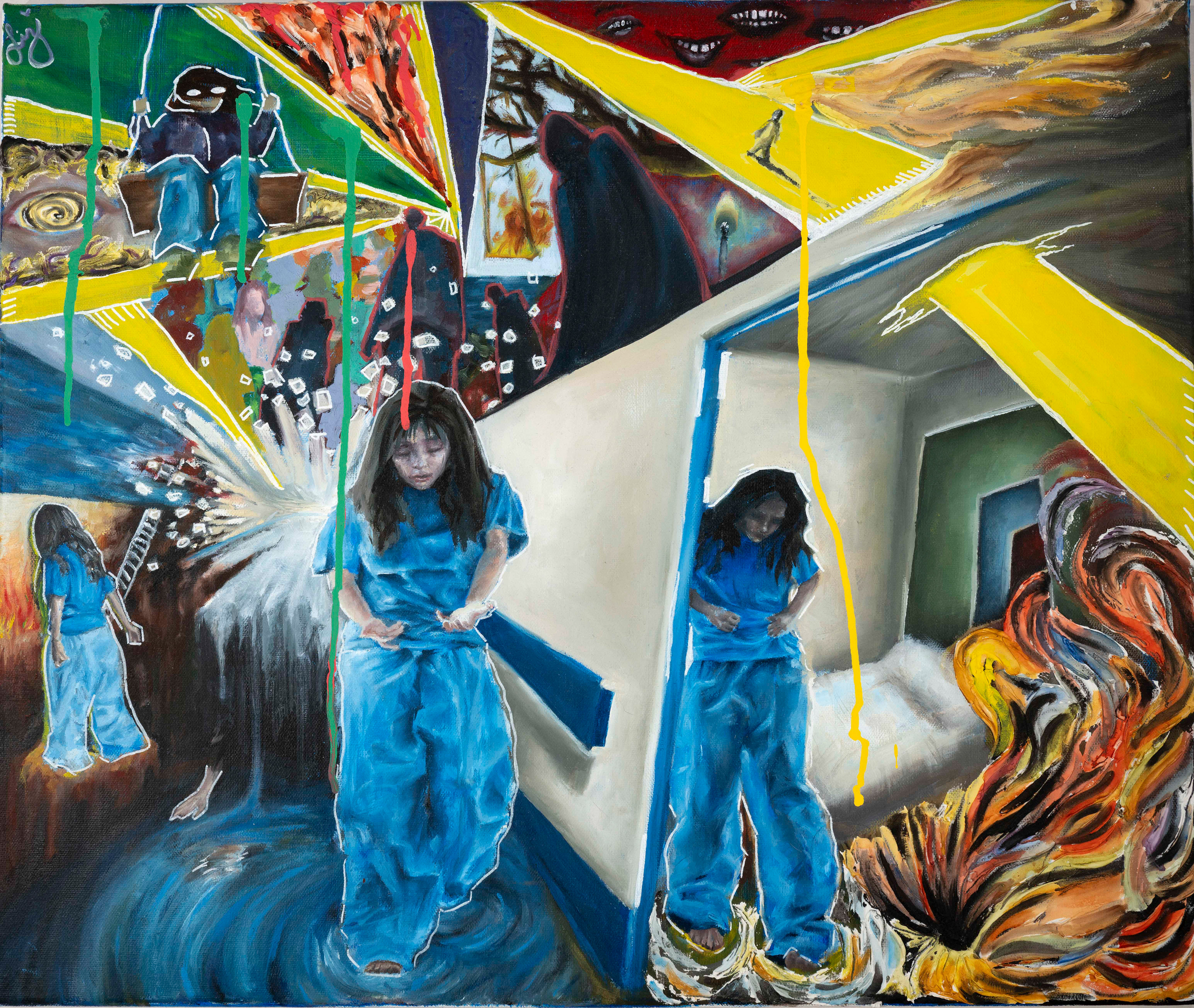 "HOLD" - 20x24 in. oil, watercolor, paint pens and modeling paste on canvas