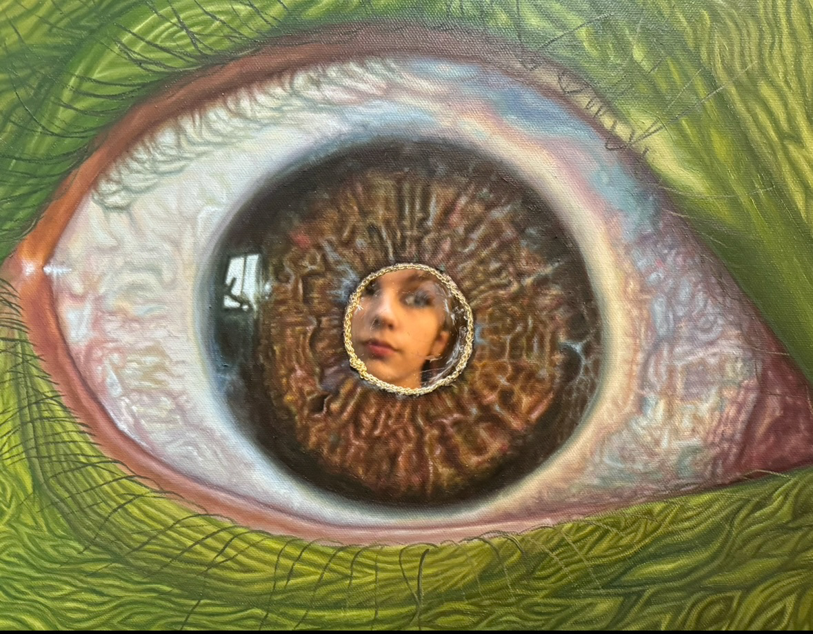Me in the reflection of my mixed media oil painting, "Oneness"