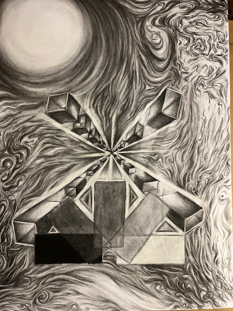 "Think Outside the Box" Charcoal Abstraction - 18x24 in. charcoal on paper