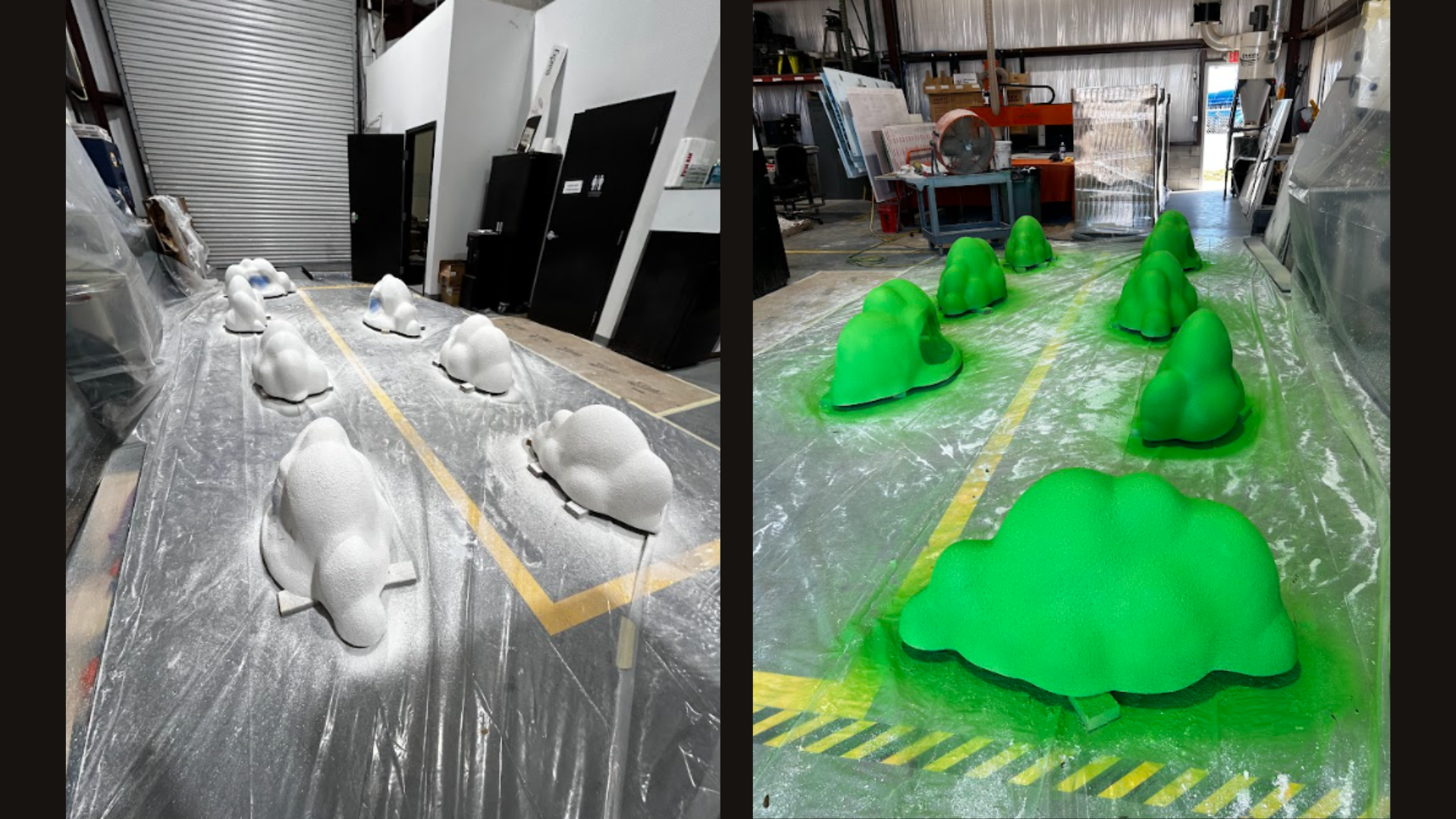 Universal Epic Universe: I used a hopper gun to create texture, and then evenly sprayed colored paint.
