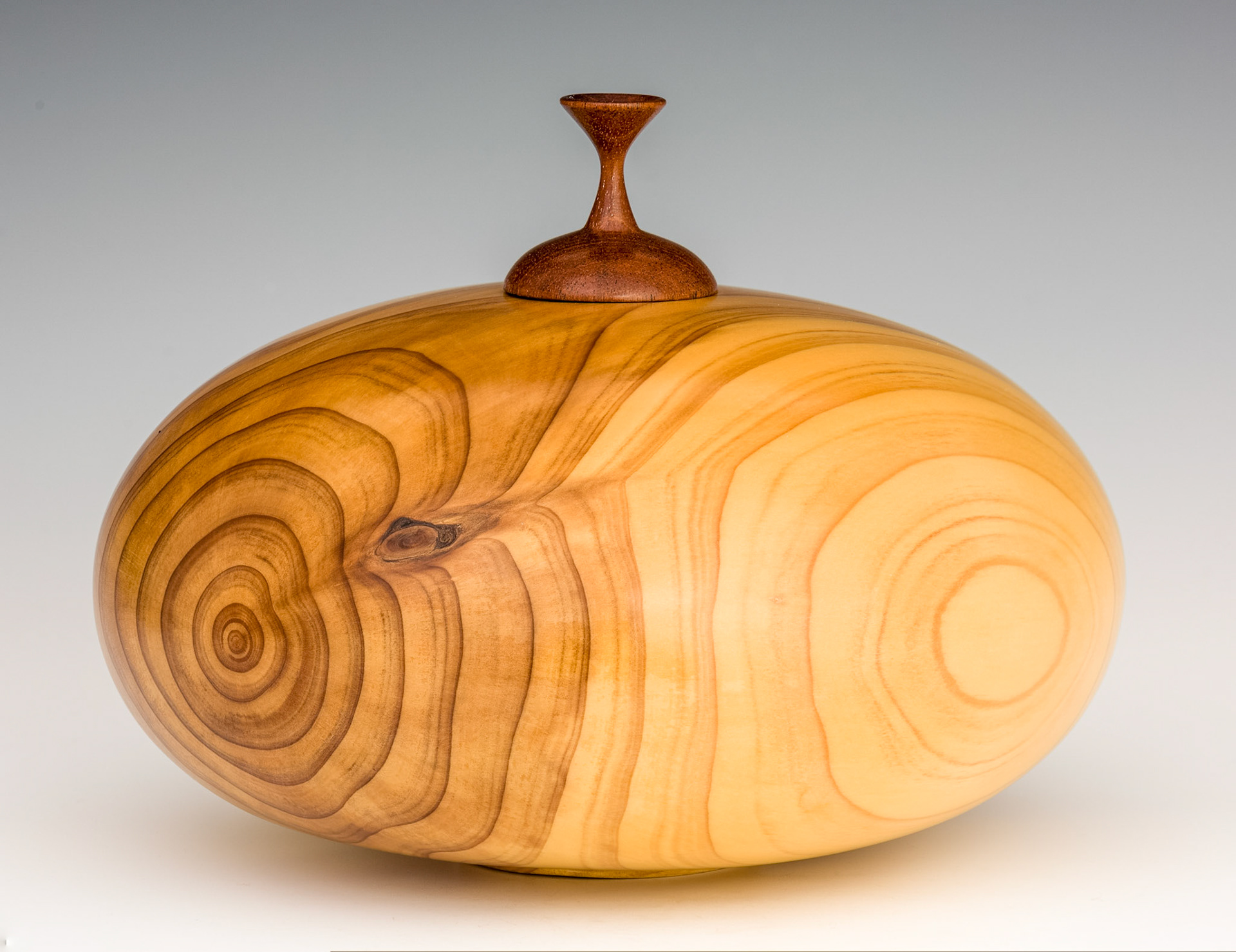 Cryptomeria Japonica Hollow Form with Walnut Finial - Diameter: 7 5/8 inches, Height: 5 1/2 inches (F35)