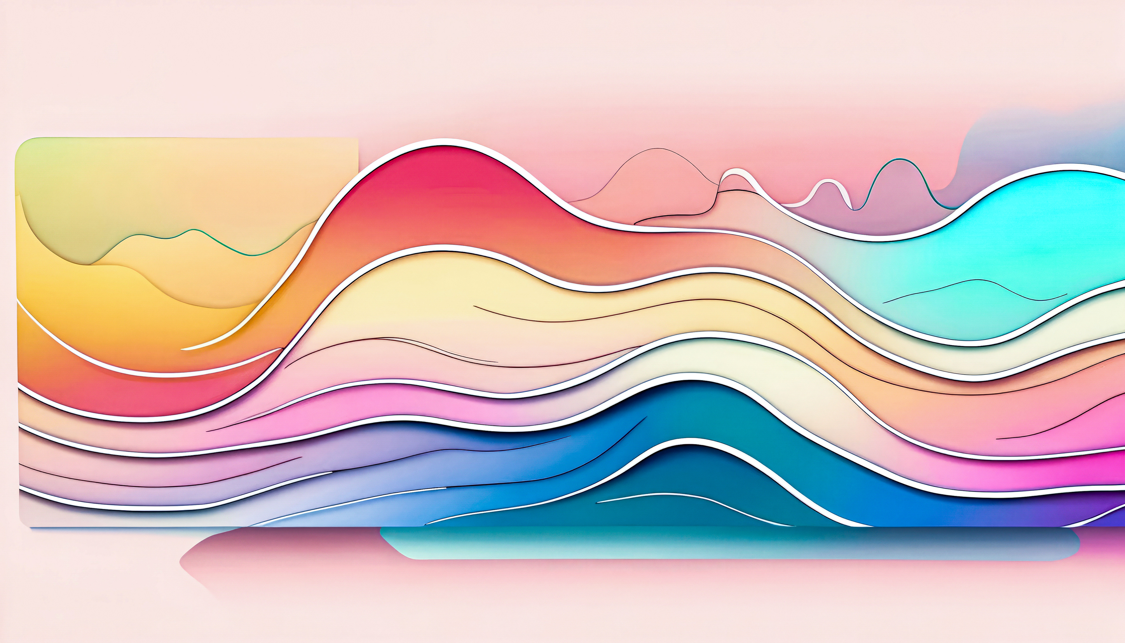 **Description of the Image:** The image depicts a vibrant and abstract landscape composed of layered, wavy lines. The lines are arranged in a cascading pattern, with colors transitioning smoothly from warm tones like orange and yellow at the top to cool tones like blue and purple at the bottom. The overall effect is one of depth and movement, as the lines appear to undulate and flow into each other. The background is a soft pink, providing a gentle contrast to the bold colors of the waves. The overall style of the image is modern and minimalist, with clean lines and a focus on color and form.