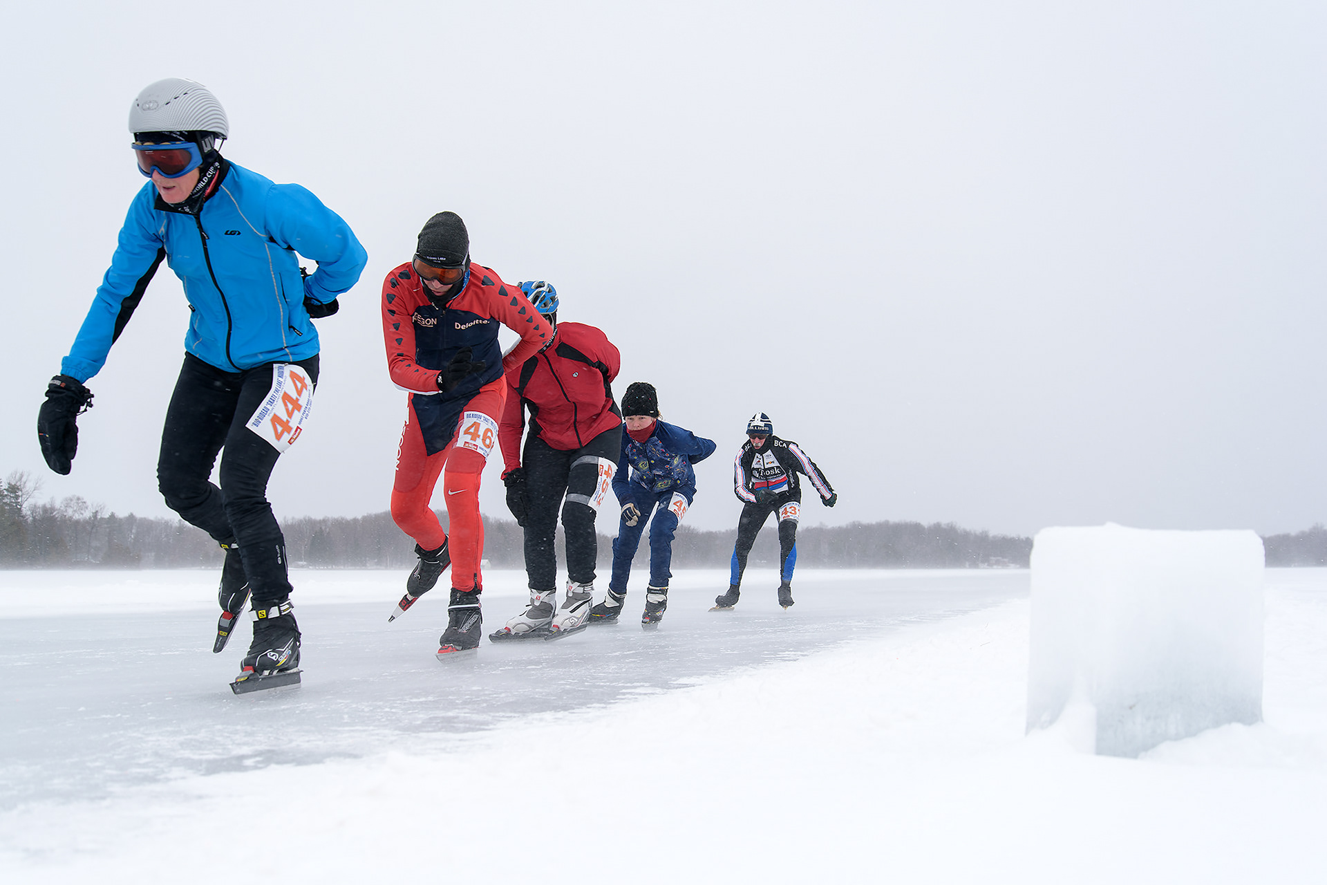 Skaters on the back stretch fighting against a wicked headwind