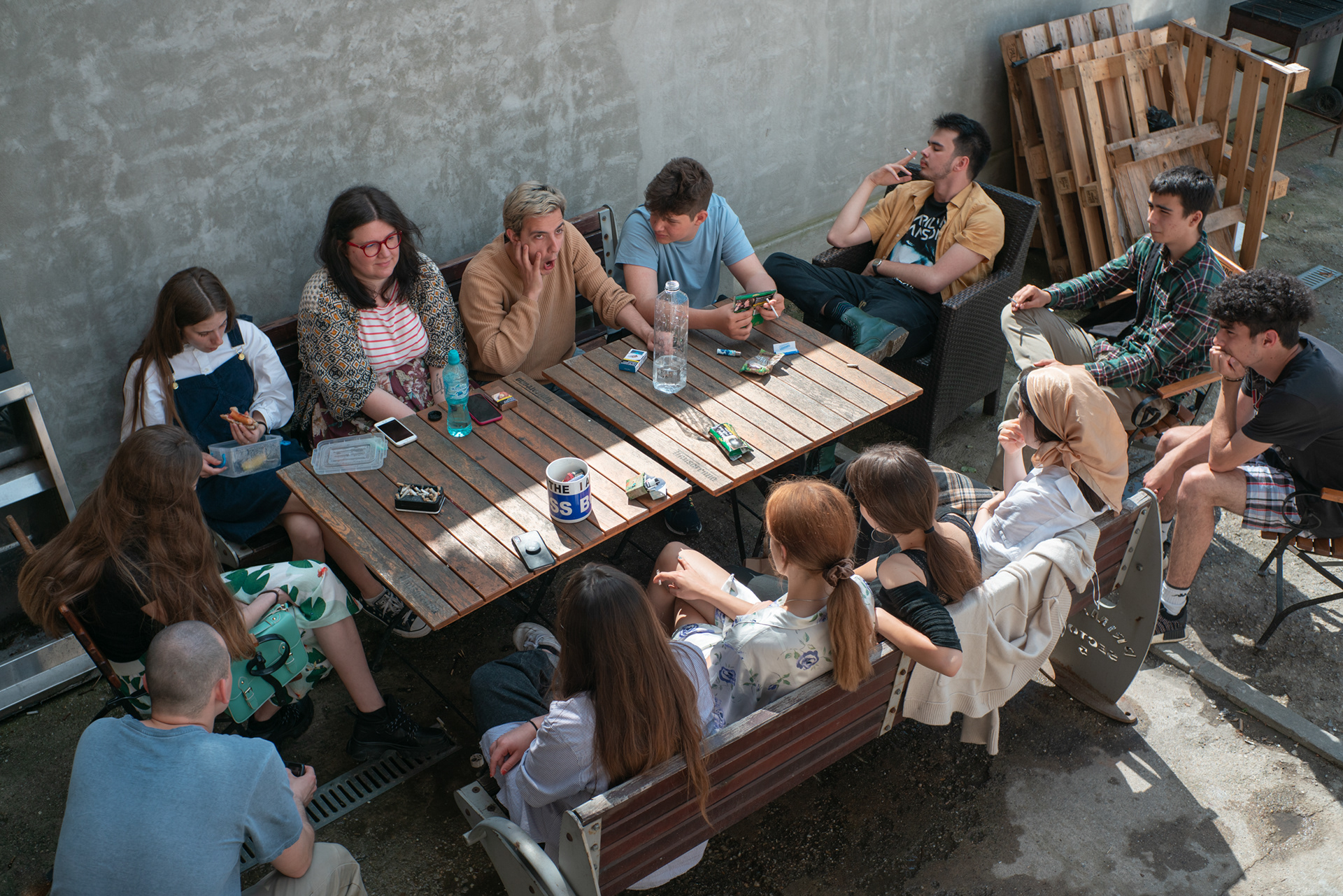 Members of the Brainstorming Bucharest theatre group during a break from rehearsals. Bucharest, May 2021.