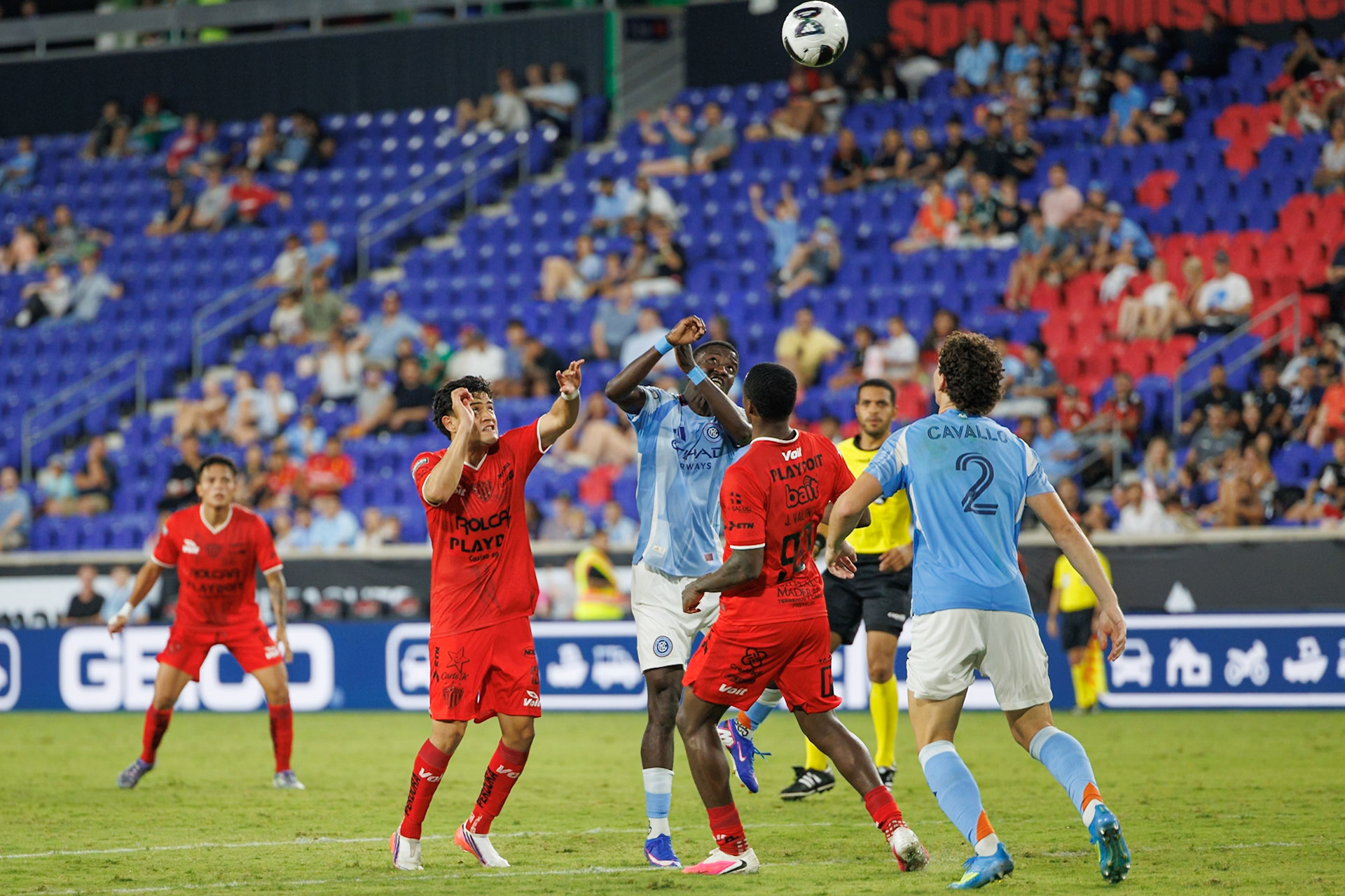 New York City FC and Club Necaxa battle for possession during Leagues Cup action.