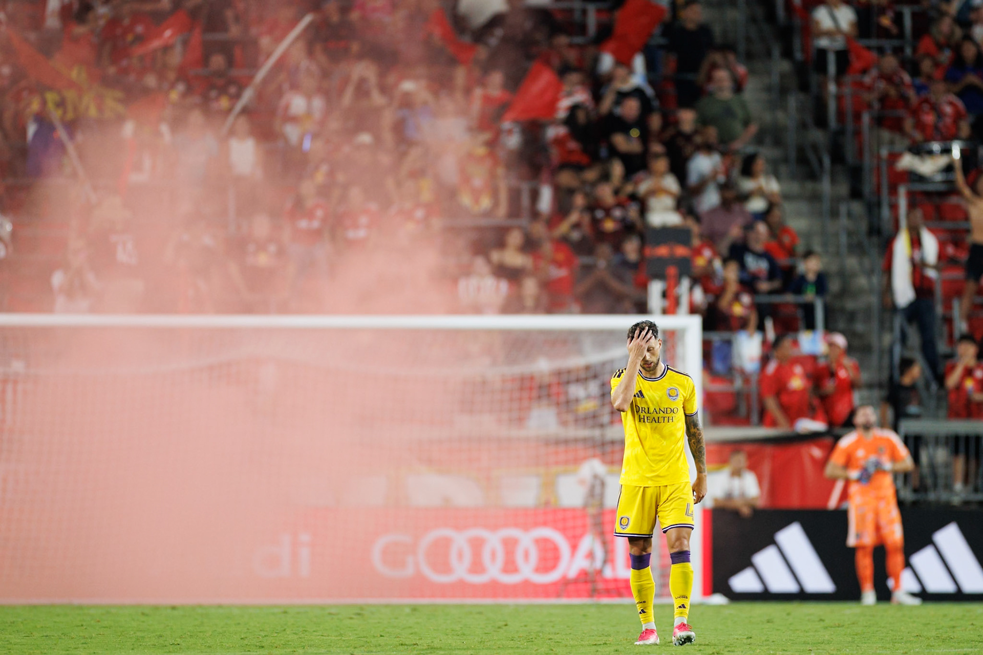 David Brekalo reacts after Orlando City SC concedes a goal.