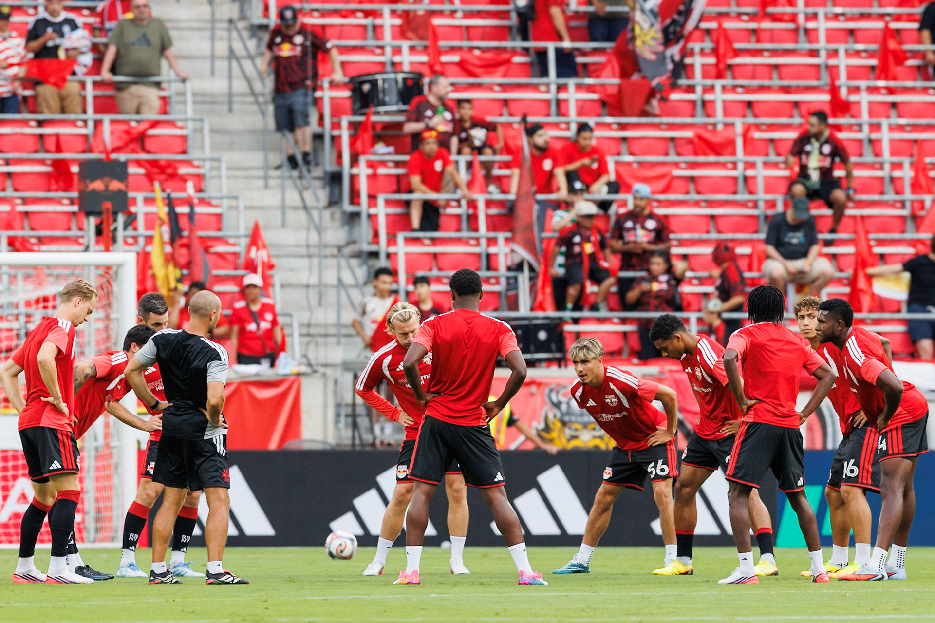 New York Red Bulls players prepare before kickoff at Sports Illustrated Stadium.