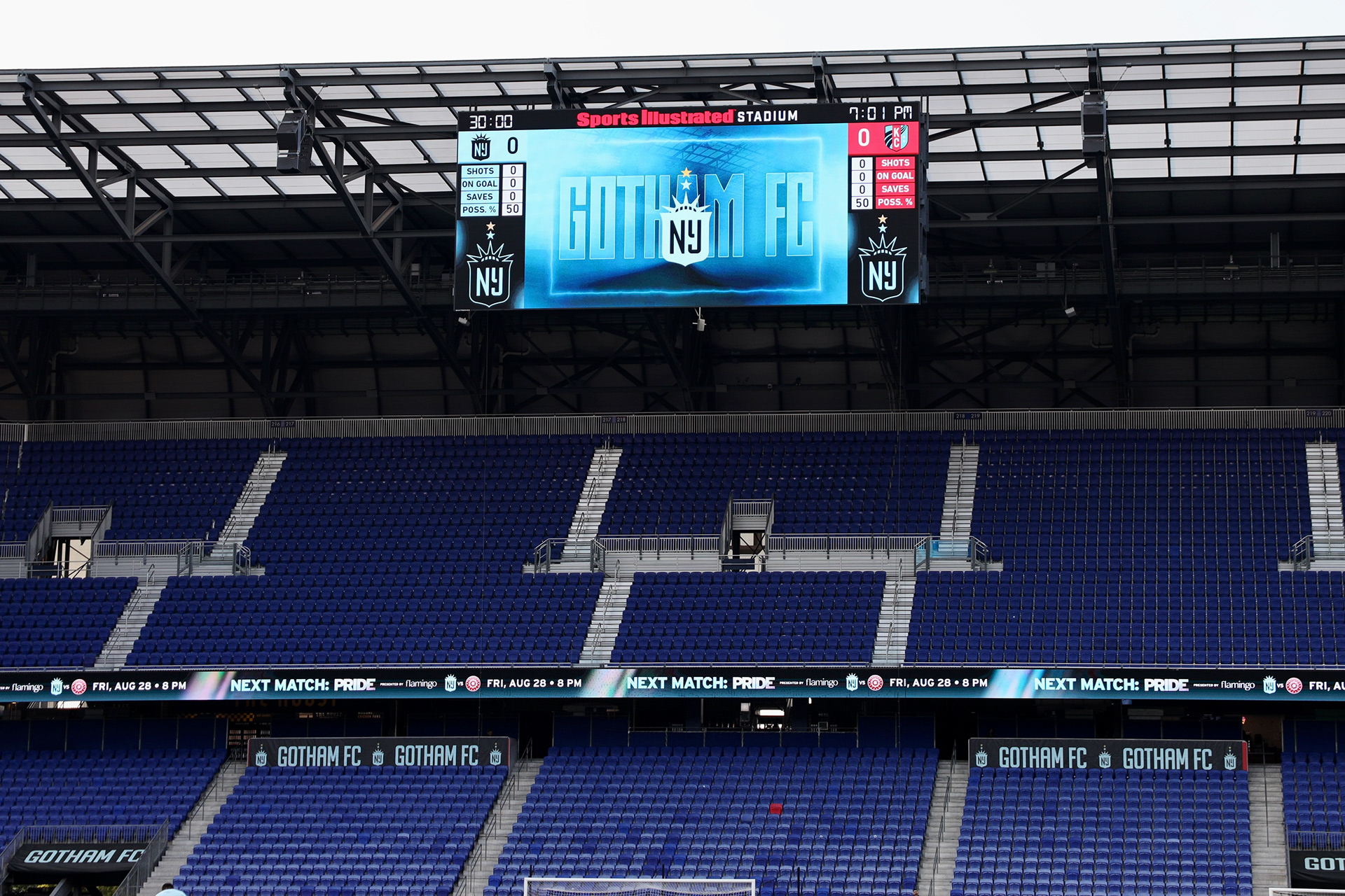 Stadium scoreboard and seating before Gotham FC vs Kansas City Current.