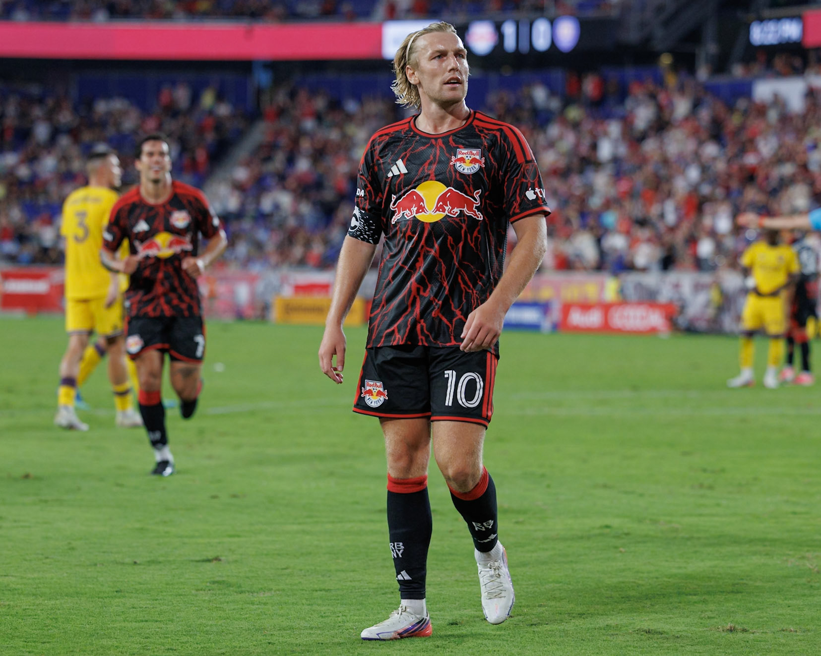Emil Forsberg looks toward the supporters after scoring for the New York Red Bulls.