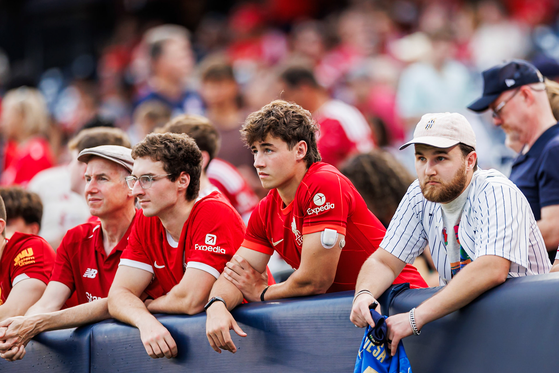 Liverpool supporters watch the warmups at Yankee Stadium.