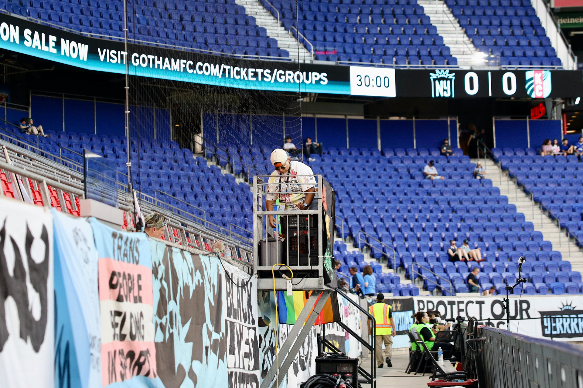 Supporter banner and stadium seating before Gotham FC vs Kansas City Current.