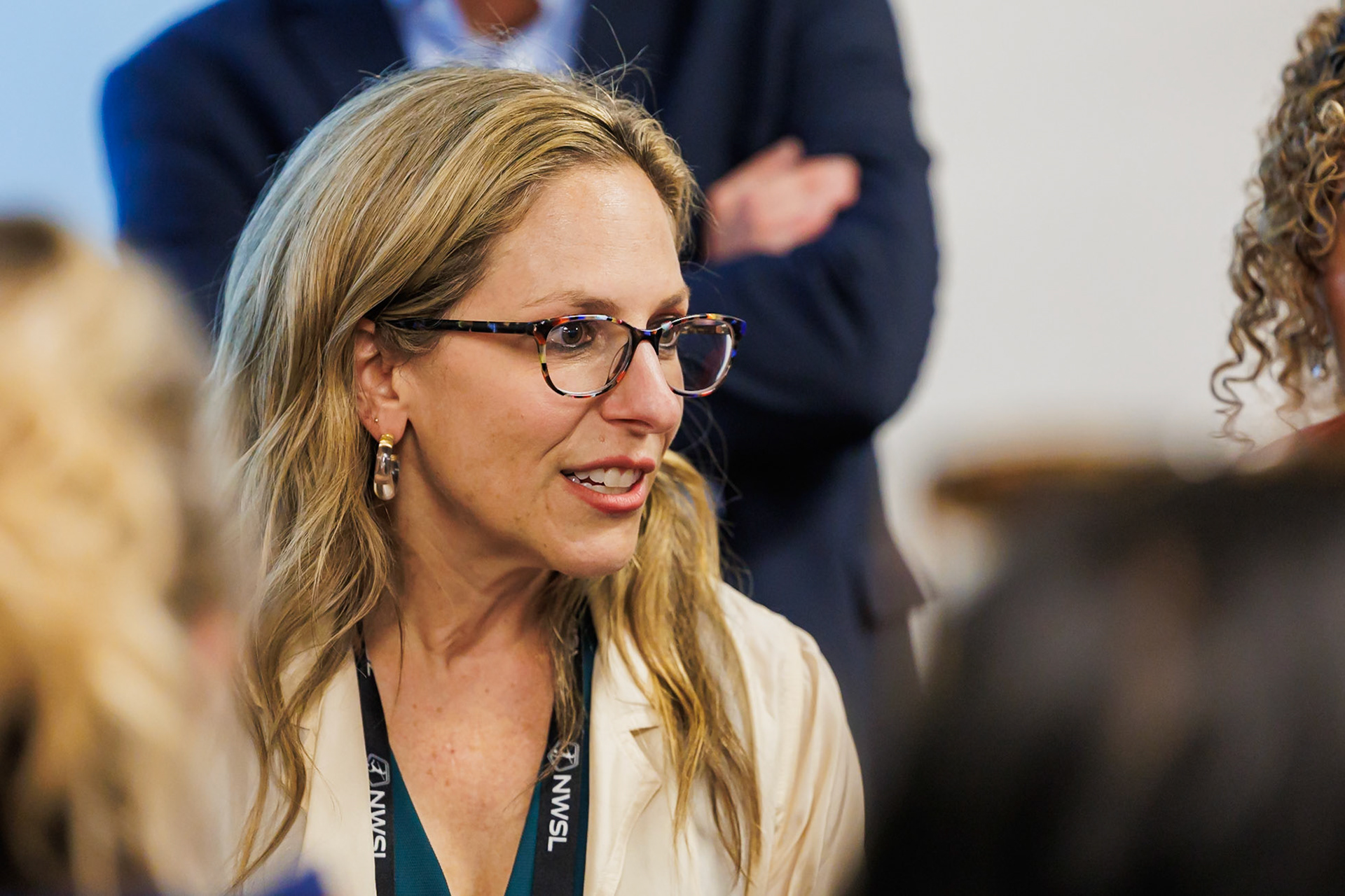 NWSL Commissioner Jessica Berman speaks with media.