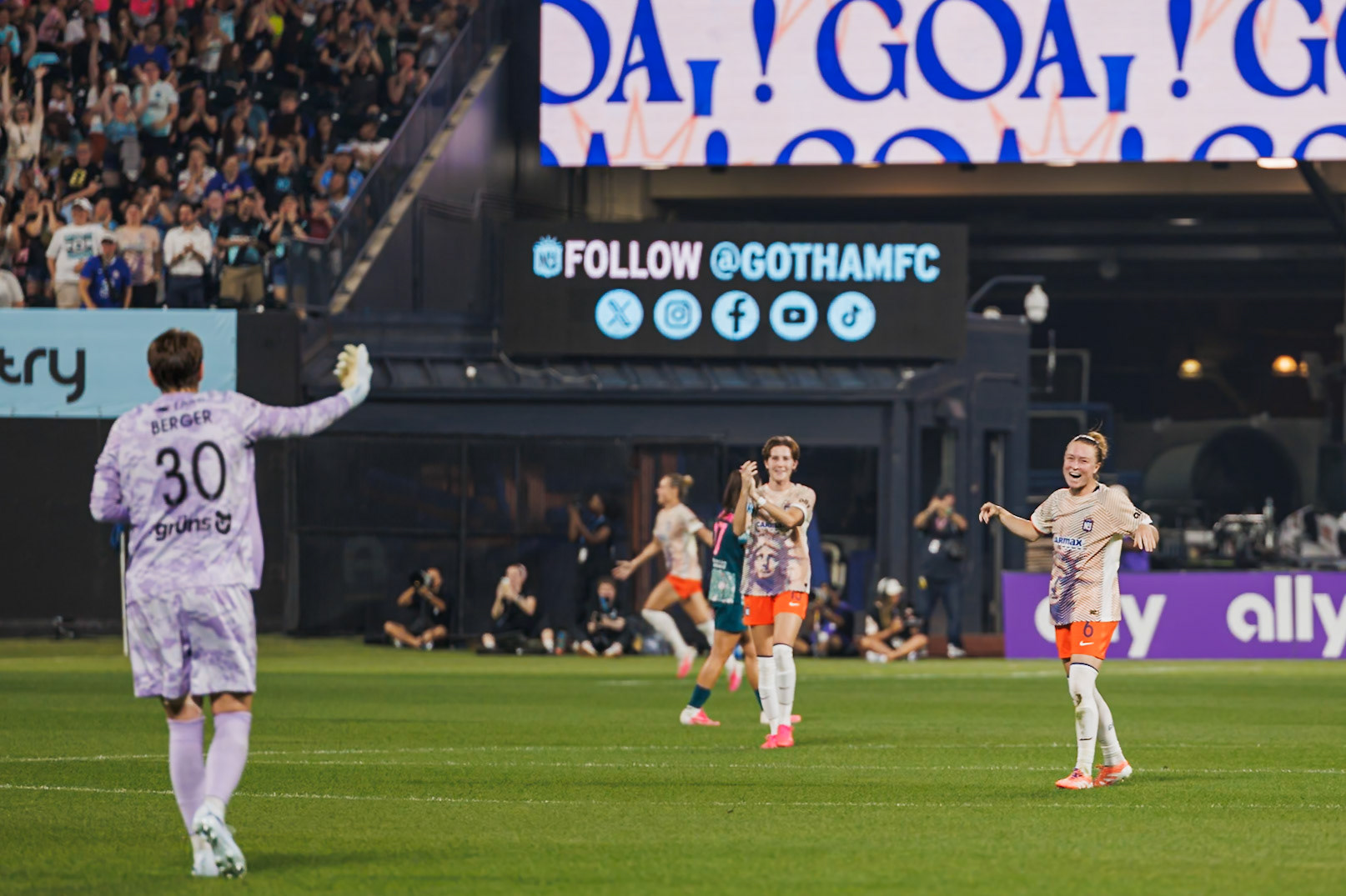 Gotham FC celebrate Rose Lavelle’s goal.