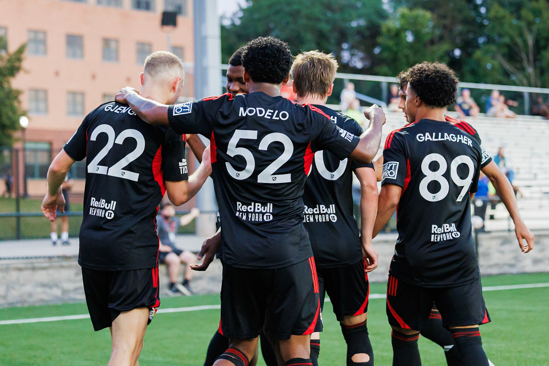 New York Red Bulls II celebrate Dennis Gjengaar’s goal.
