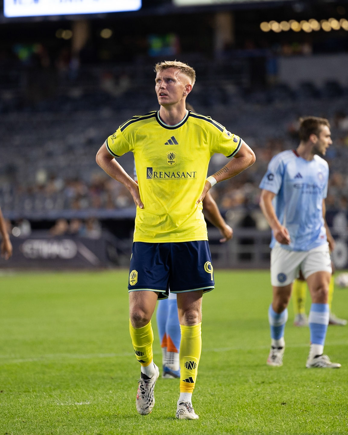 Sam Surridge (9) of Nashville SC waits for a set piece against New York City FC.
