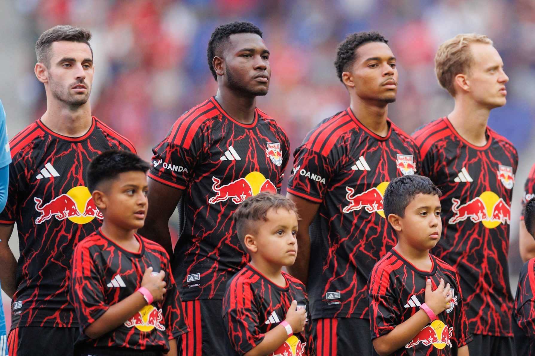 New York Red Bulls players line up before kickoff.
