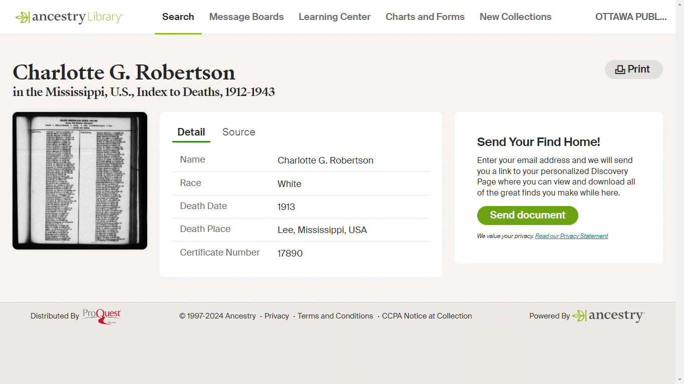 Charlotte death registration, US