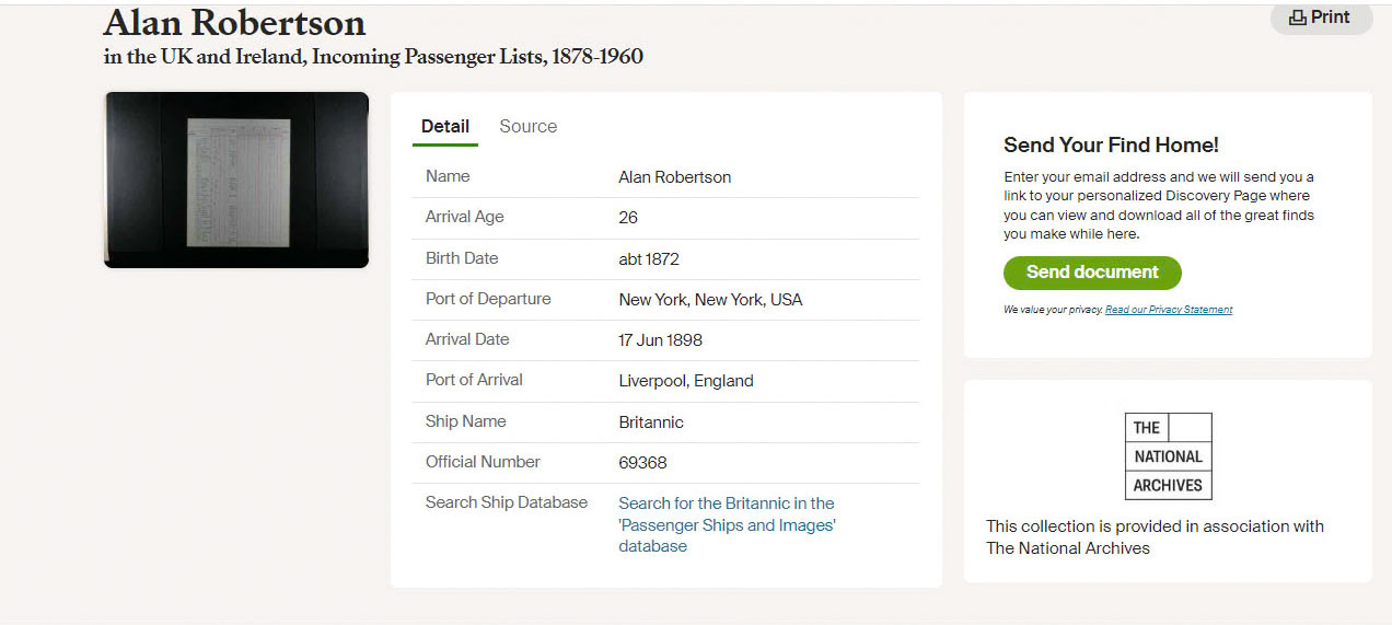 1898 Alan arrives from trip to US