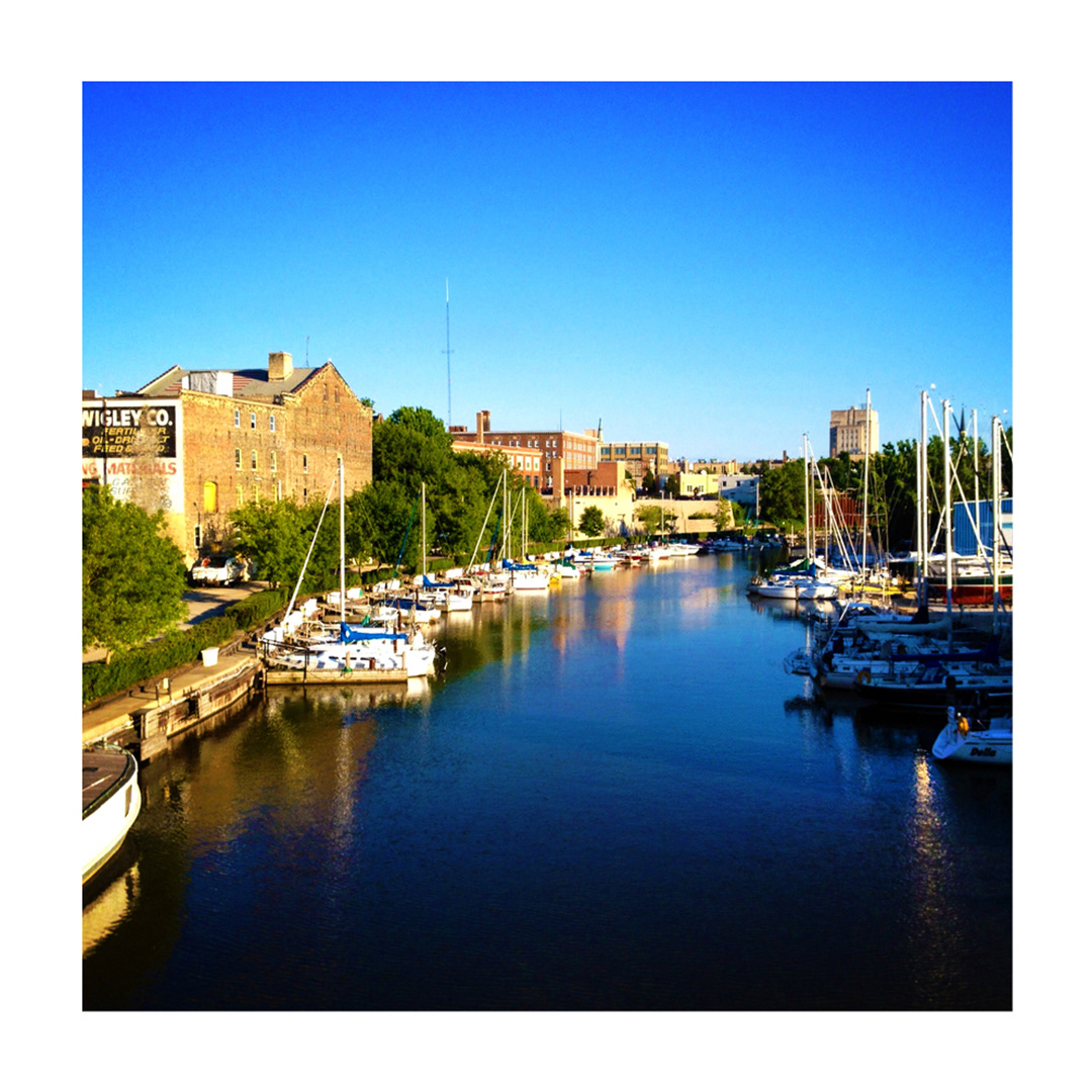 Root River & Downtown Racine from State Street, Racine, WI