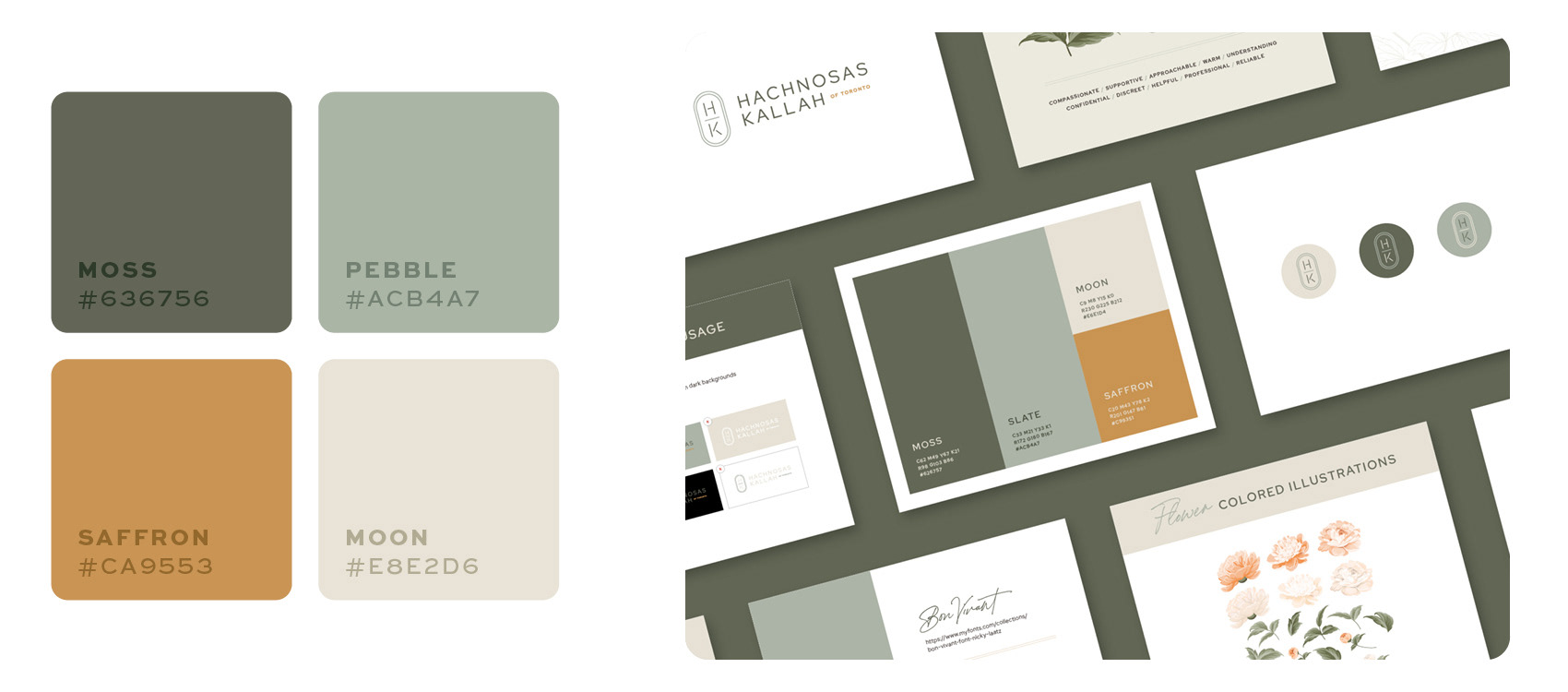 moss and saffron color palette of hachnosas kallah of toronto designed by Deena Englard at 14Minds