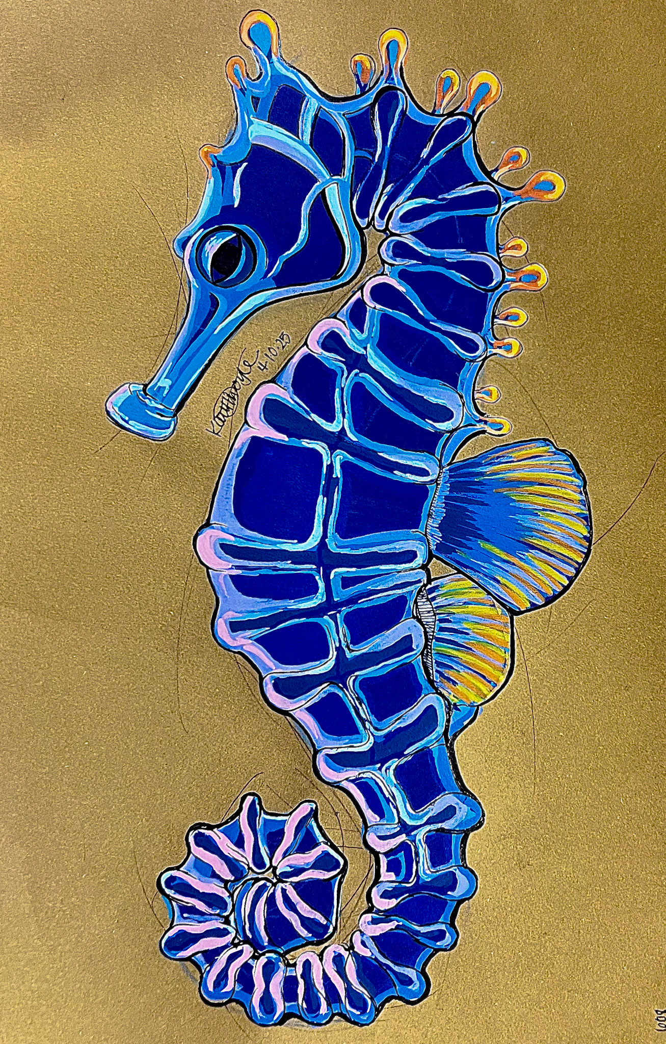 Seahorse Study | Acrylic paint marker on toned paper • Winter 2025 A stylized marine illustration using limited palette and tonal contrast. The blue-on-sand combination highlights fine detail and shape without traditional shading.