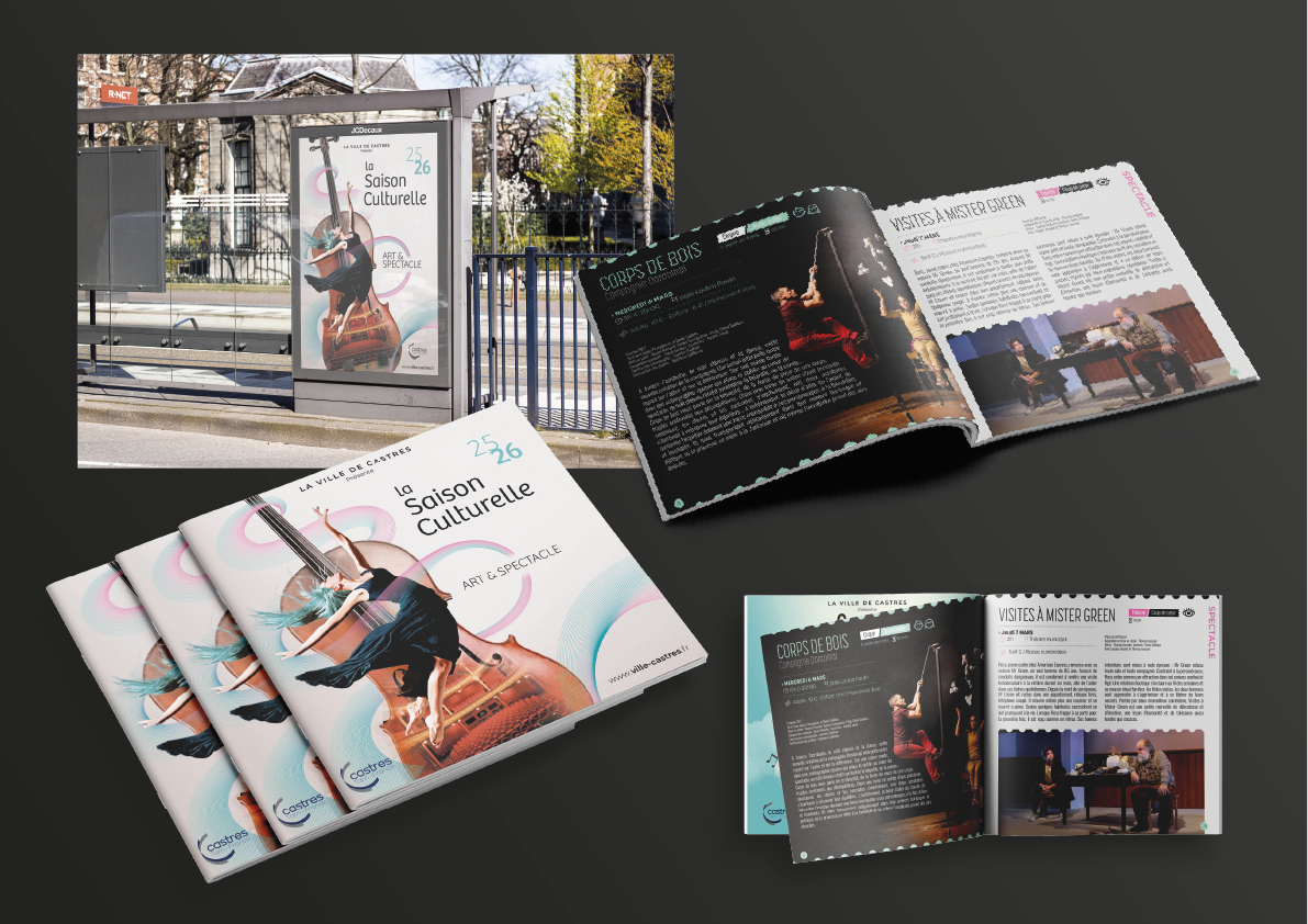 création graphique pour la saison culturelle de la ville de castres, déclinaison du visuel sur différents supports, affiche, brochure