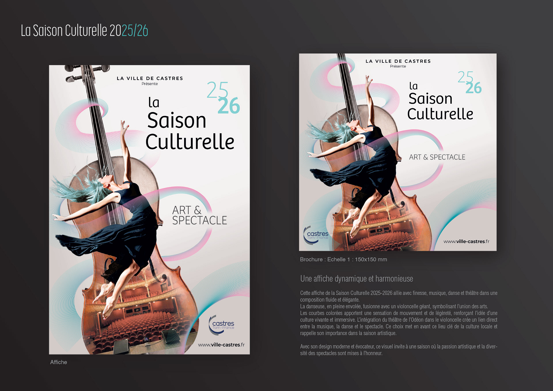 création graphique pour la saison culturelle de la ville de castres, déclinaison du visuel sur différents supports, affiche, brochure