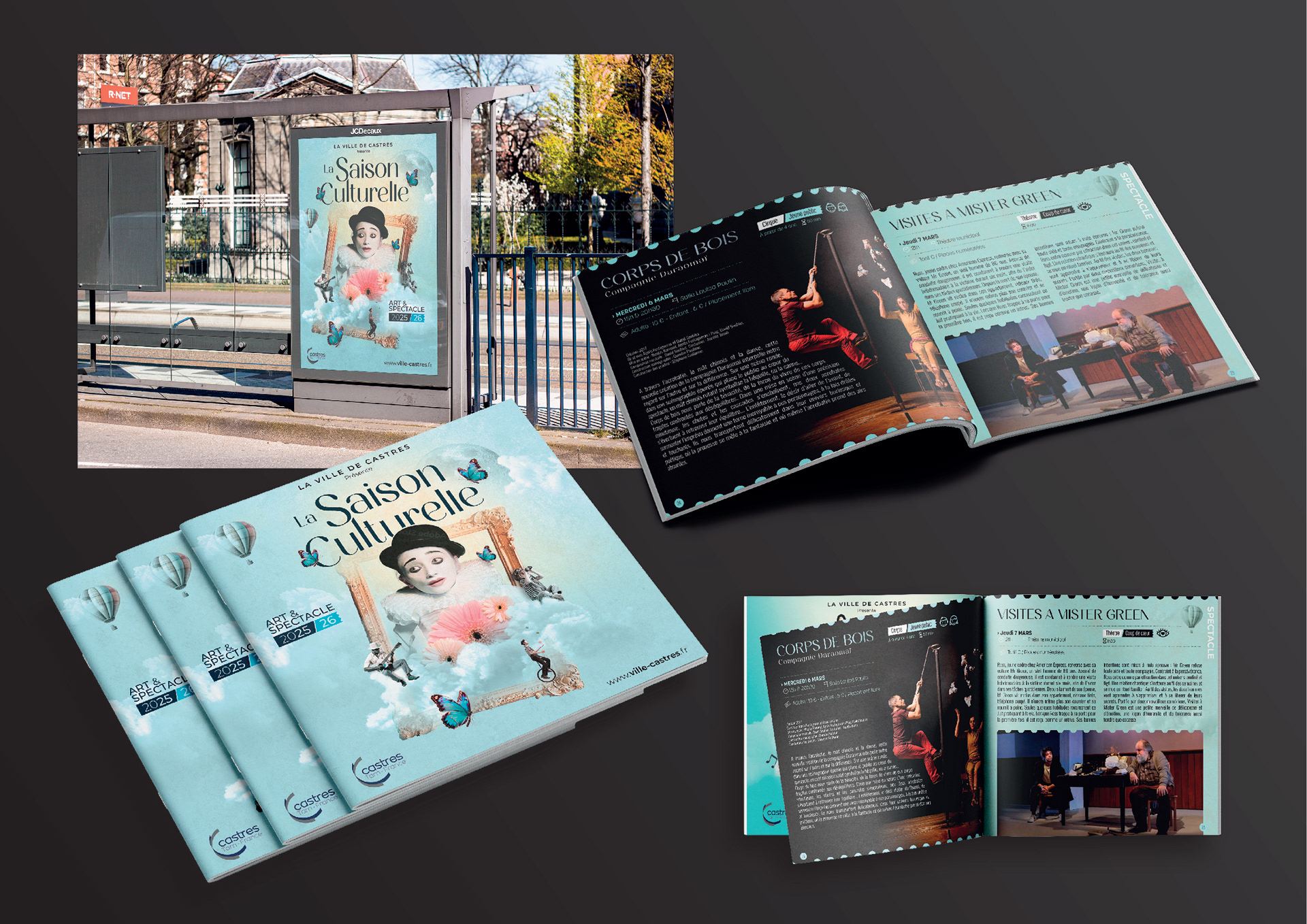 création graphique pour la saison culturelle de la ville de castres, déclinaison du visuel sur différents supports, affiche, brochure