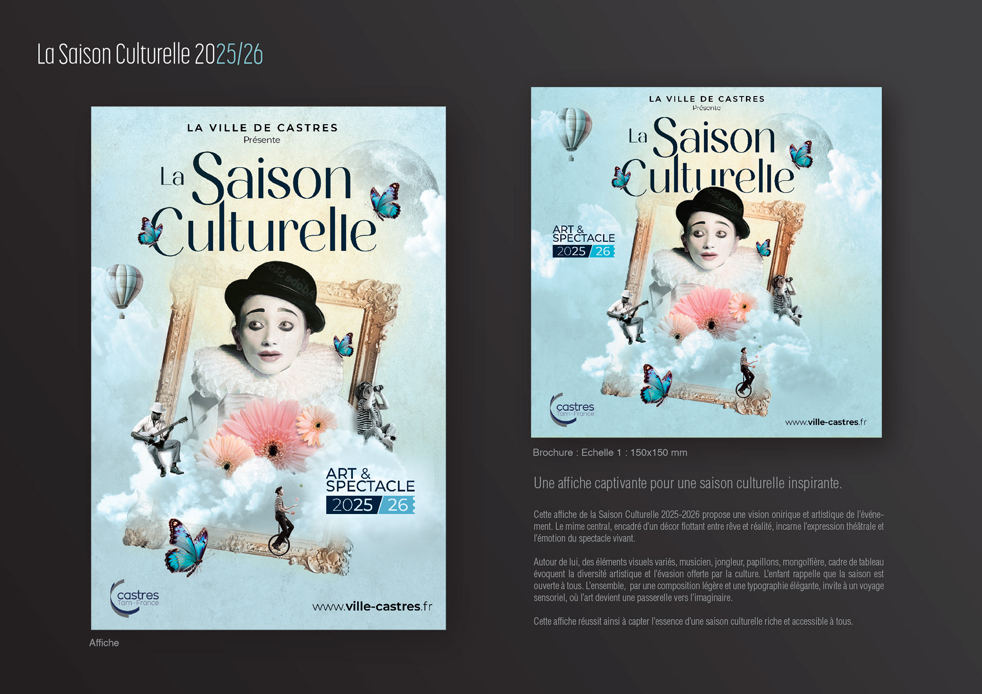 création graphique pour la saison culturelle de la ville de castres, déclinaison du visuel sur différents supports, affiche, brochure
