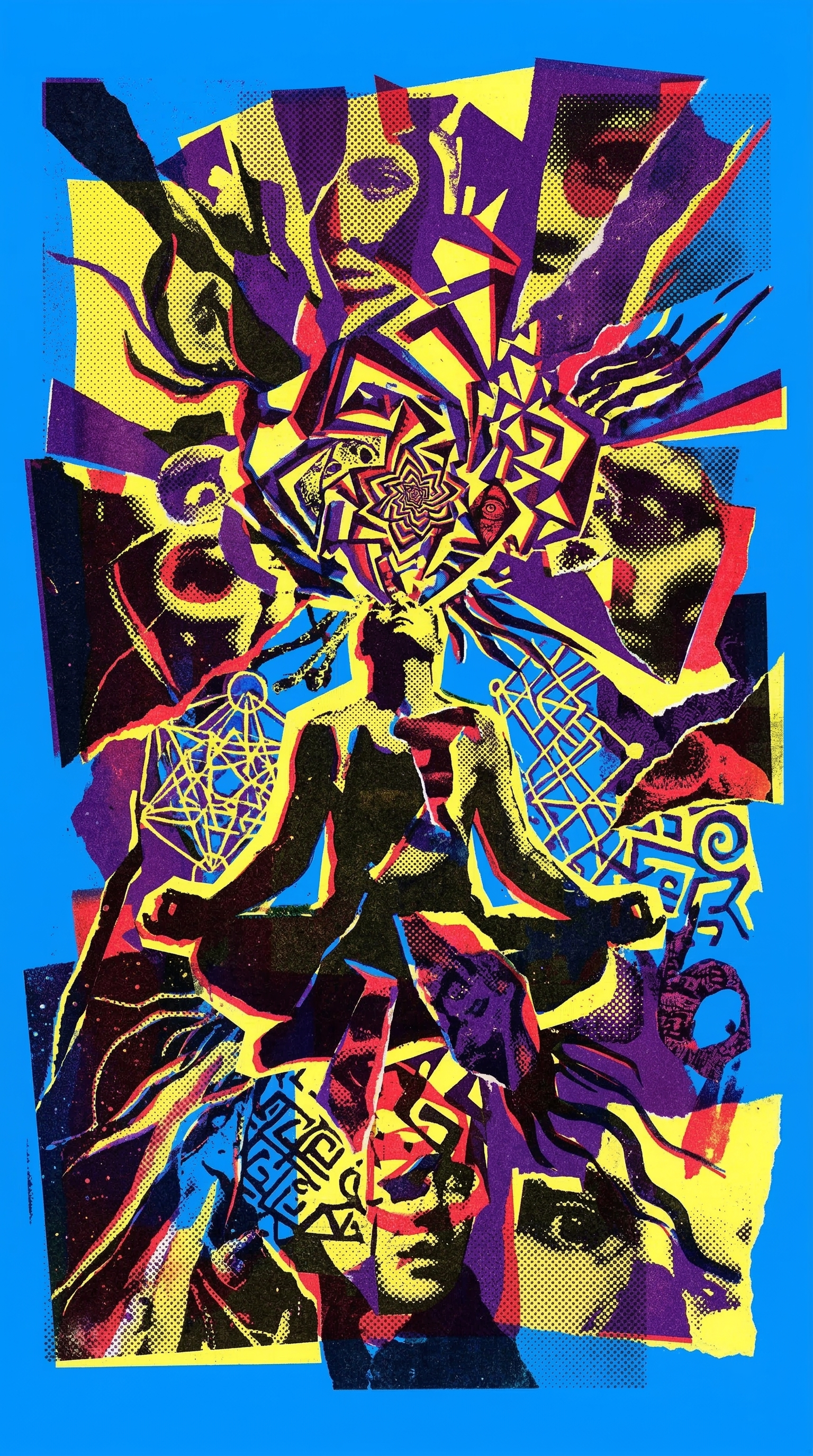 Intricate psychedelic visionary collage by Sri Lankan artist Nuwan Shilpa Hennayake, depicting a central meditative figure in a lotus pose with a geometric energy explosion emanating from their crown, surrounded by fragmented faces and sacred geometry in a high-contrast blue and yellow palette.