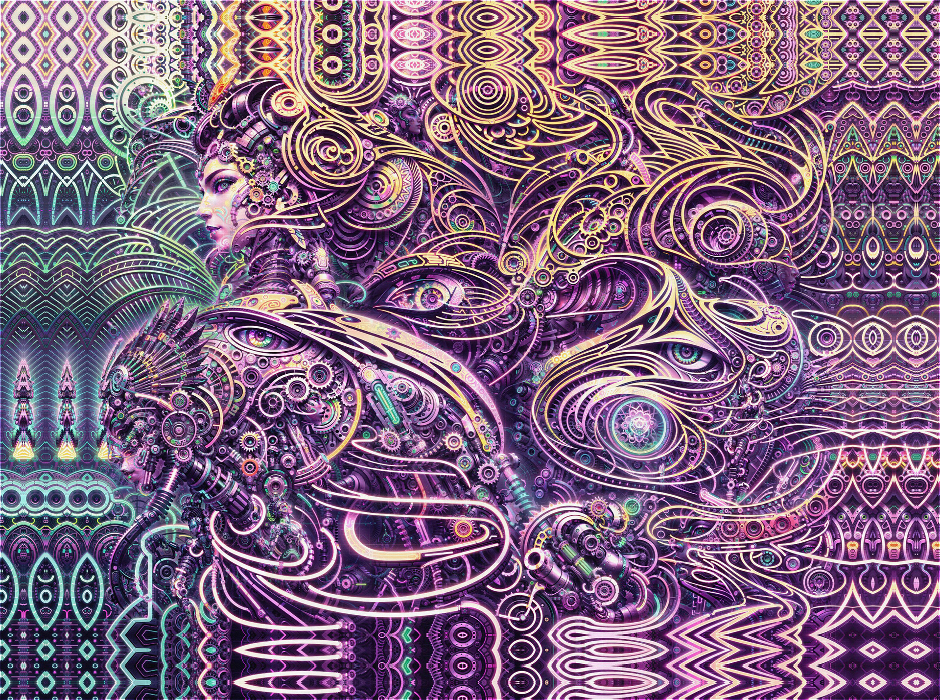 Highly detailed biomechanical psychedelic visionary art by Sri Lankan artist Nuwan Shilpa Hennayake, featuring a profile of a cybernetic feminine figure integrated into an elaborate golden and purple machine landscape with glowing mechanical eyes and recursive fractal patterns.