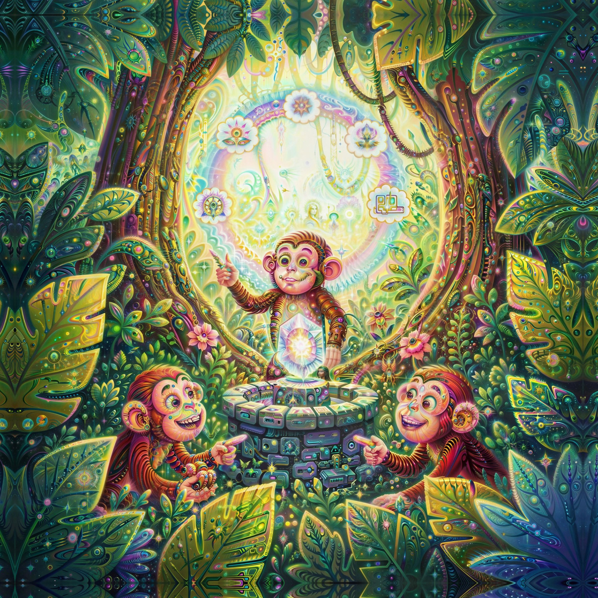 Detailed psychedelic visionary art by Sri Lankan artist Nuwan Shilpa Hennayake, depicting primates around an ornate, glowing stone well that emits cosmic energy and holographic symbols in a magical tropical jungle.