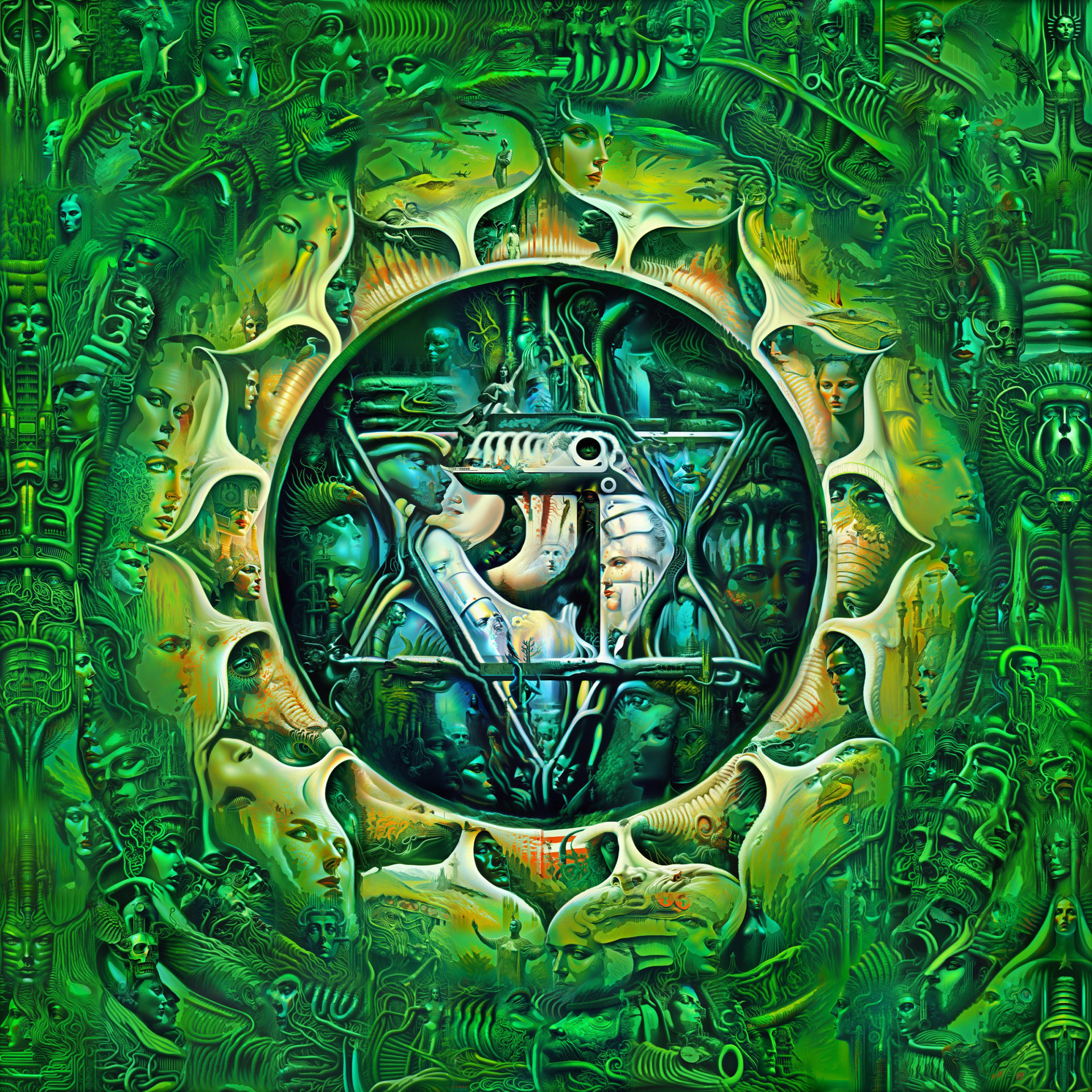 Intricate biomechanical psychedelic visionary art by Sri Lankan artist Nuwan Shilpa Hennayake, featuring a central circular portal filled with faces and symbolic imagery, surrounded by a dense, vibrant green landscape of recursive anatomical patterns, neural filaments, and H.R. Giger-inspired organic machine structures.