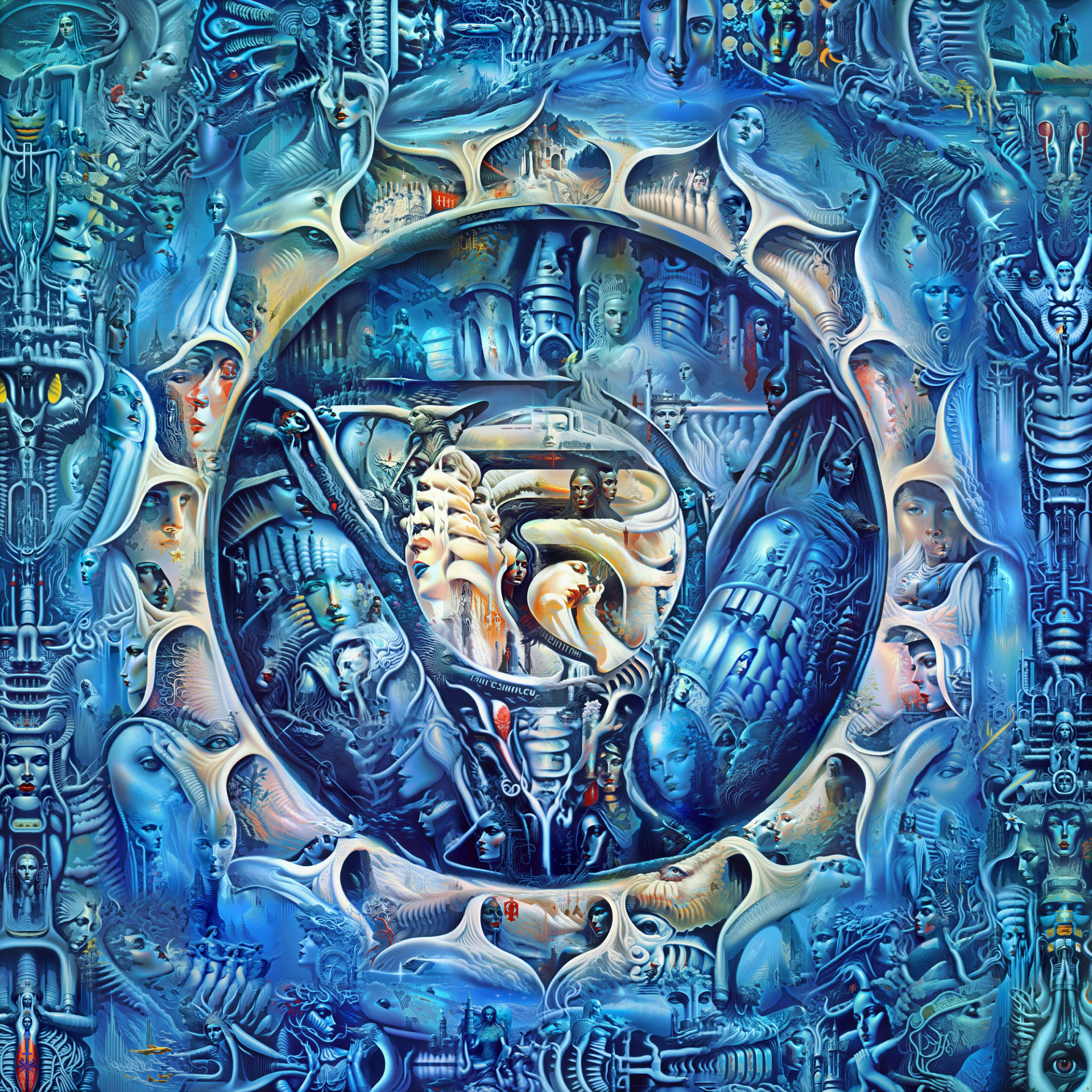 Intricate biomechanical psychedelic visionary art by Sri Lankan artist Nuwan Shilpa Hennayake, featuring a central circular portal containing flowing blue and white anatomical structures, surrounded by a dense, cerulean landscape of recursive faces, neural filaments, and H.R. Giger-inspired organic machine patterns.
